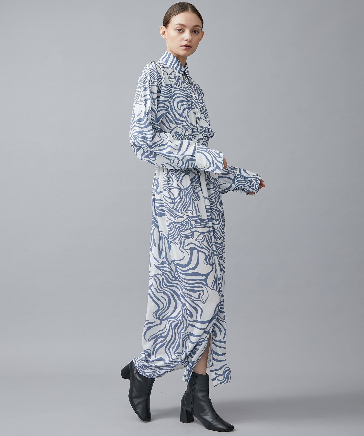 〈別注〉 VAGUE PRINT WASIT SHIRRING LONG DRESS IHNN
