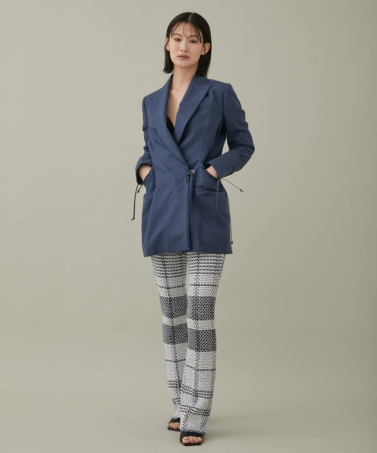 Geometric Silk Cotton Jacquard Double Beasted Jacket(1 NAVY): Mame