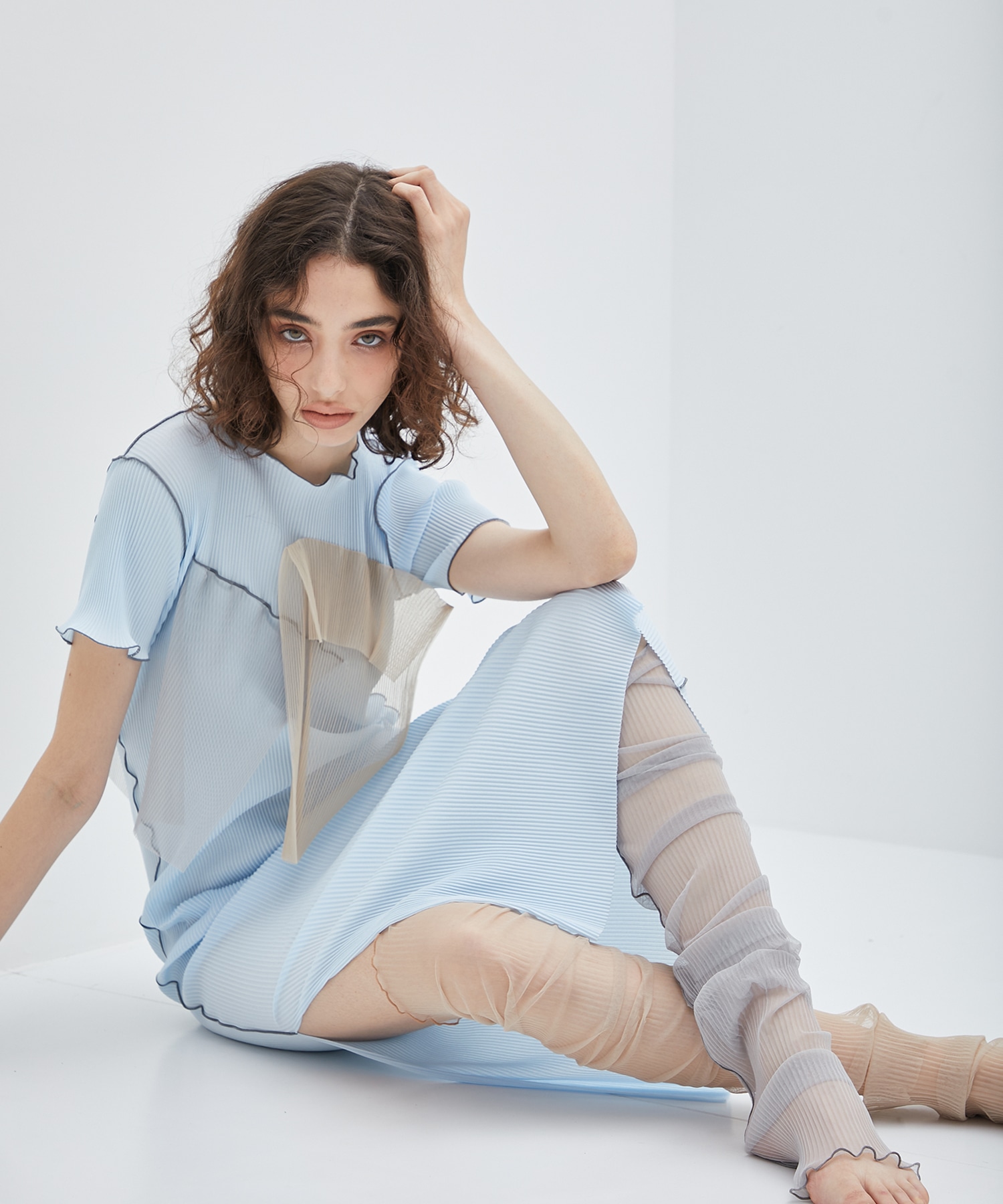 別注〉see-through short sleeve dress crew neck(S LIGHT BLUE