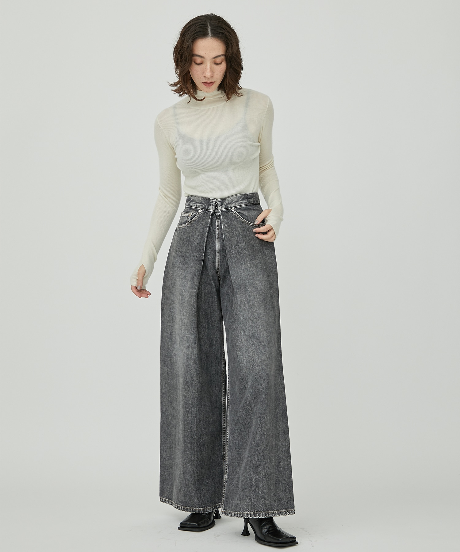 WASHED DENIM WIDE PANTS (SHORT LENGTH)(S BLACK): JOHN LAWRENCE