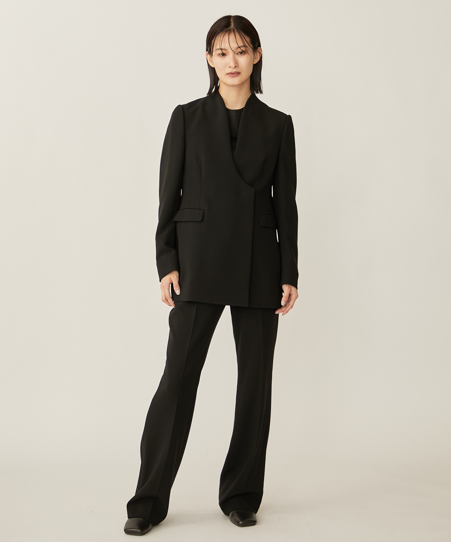 Collarless Double Breasted Suit Jacket