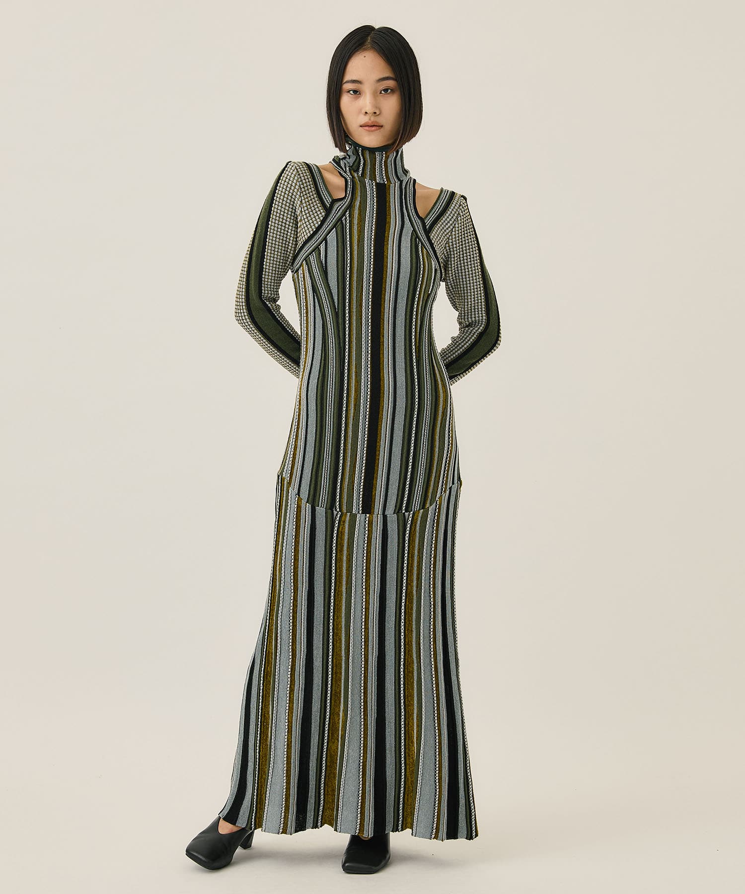 Stripe Jacquard High Neck Knitted Dress(1 KHAKI): Mame Kurogouchi