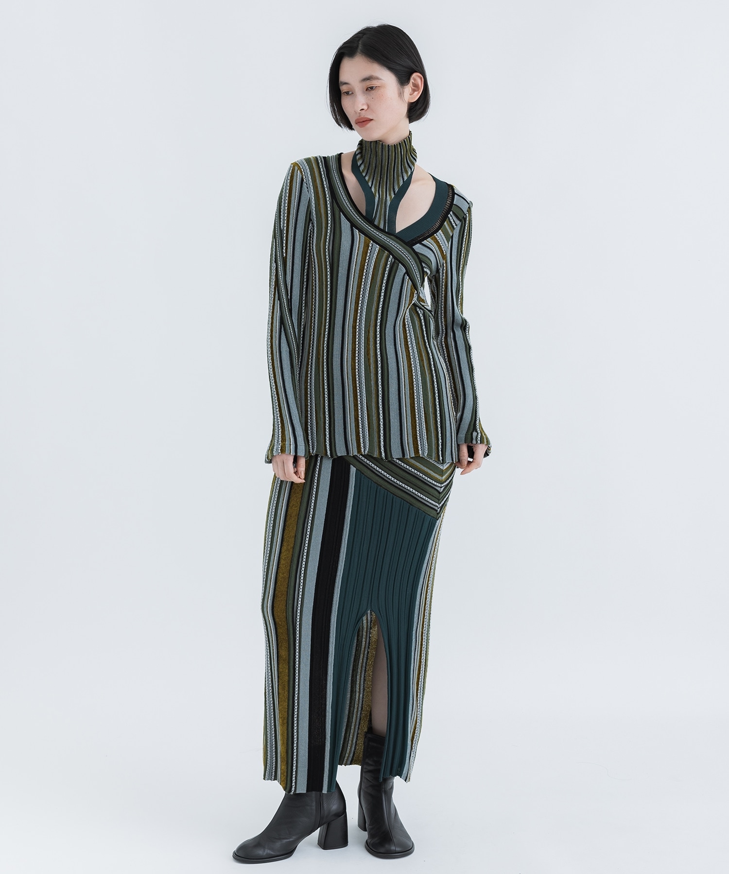 Stripe Jacquard High Neck Knitted Top(1 KHAKI): Mame Kurogouchi 