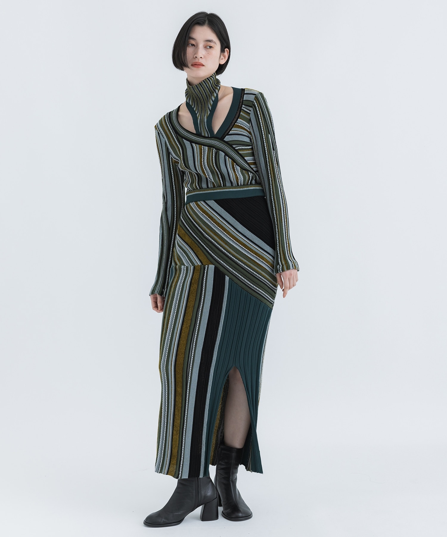 Stripe Jacquard Knitted Skirt(2 KHAKI): Mame Kurogouchi: WOMENS