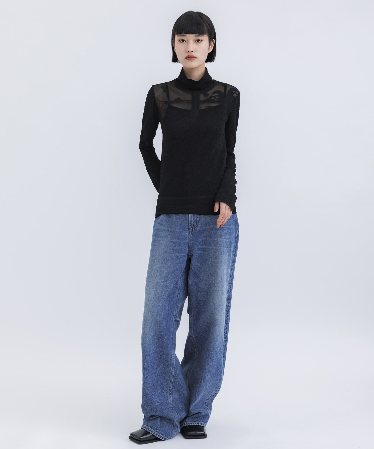 Landscape Graphic Sheer Knitted High Neck Top(1 BLACK): Mame 
