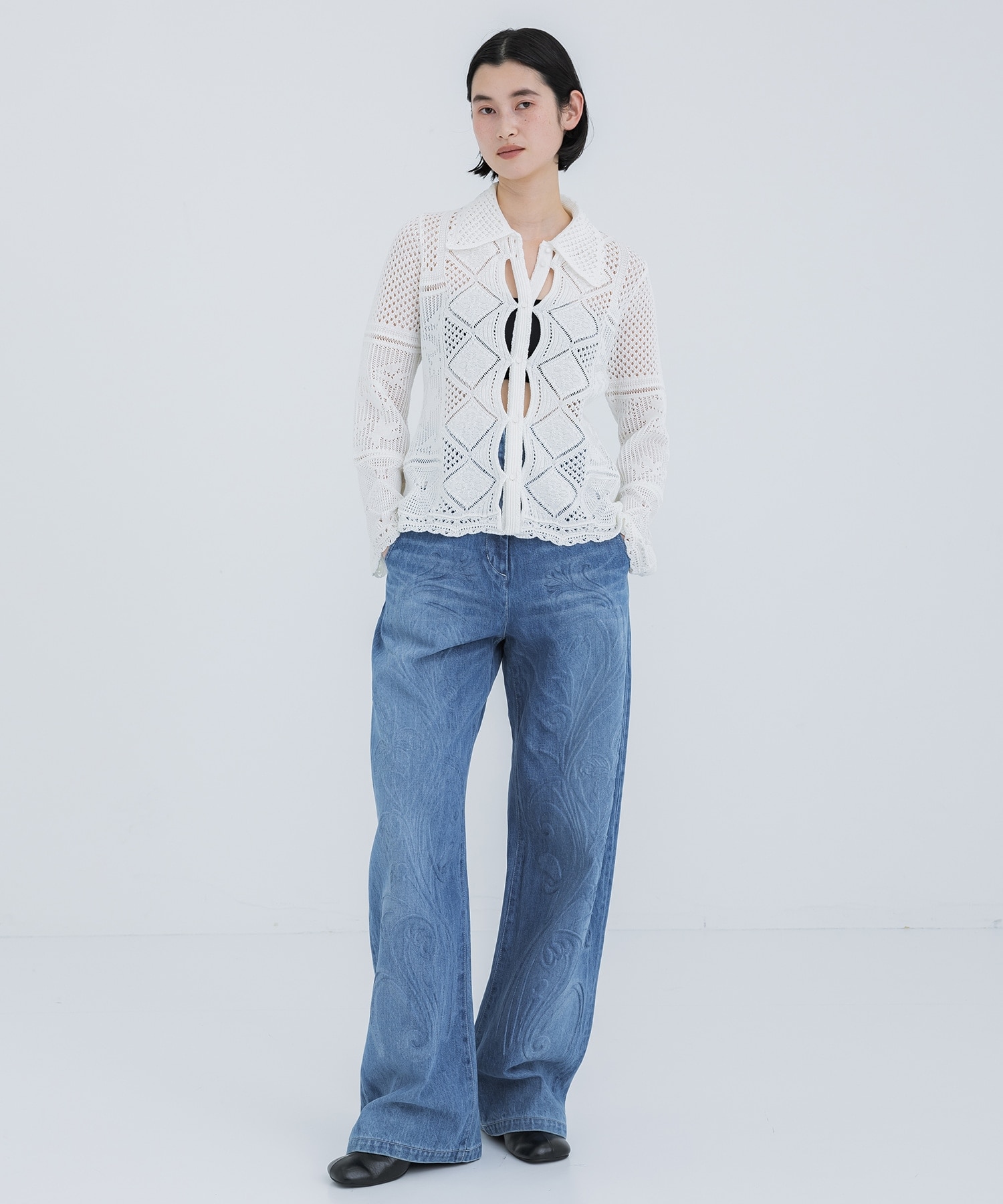 Floral Embossed Wide Leg Jeans(1 BLUE): Mame Kurogouchi: WOMENS 