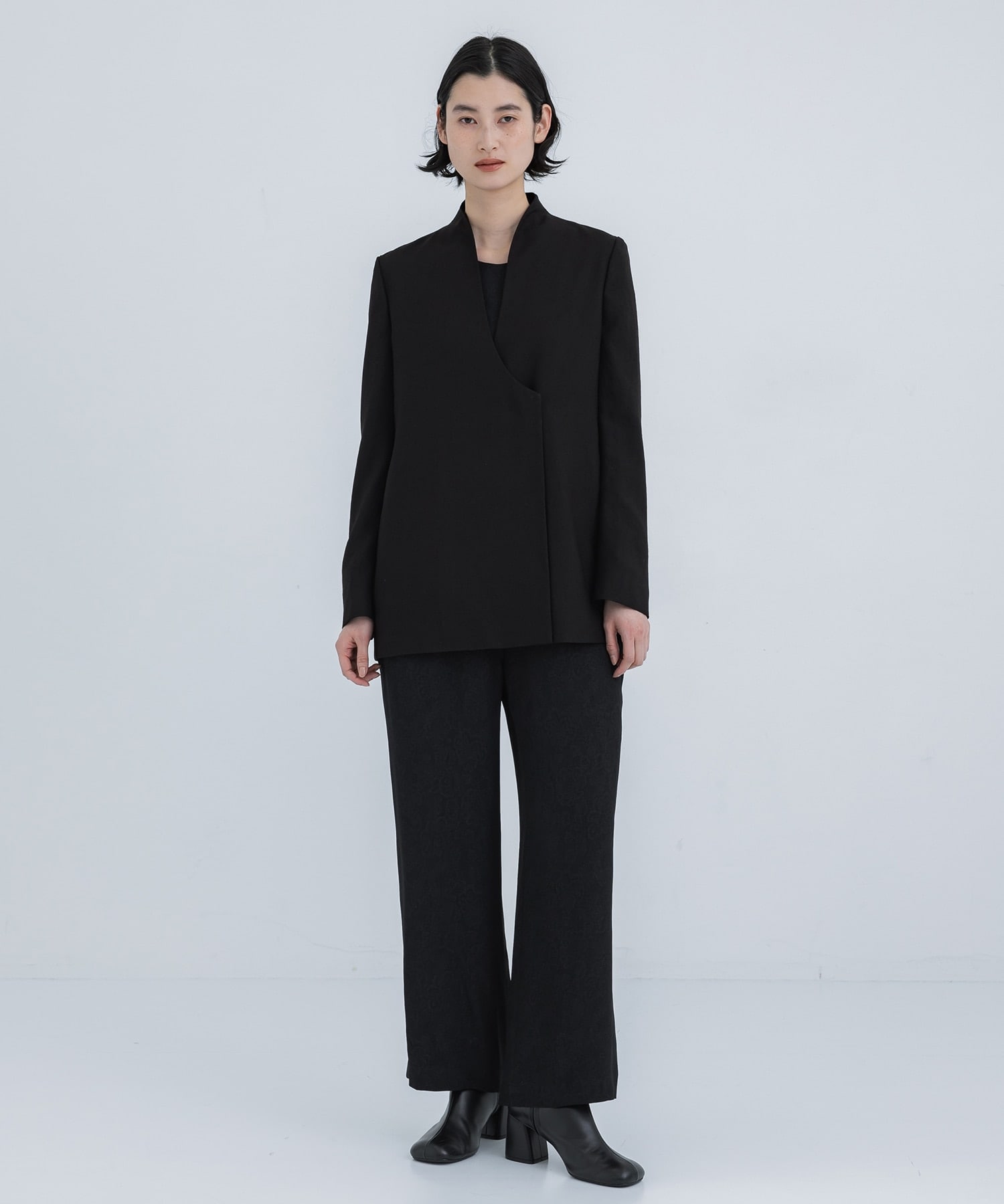 Linen Touch Triacetate Collarless Double Breasted Jacket Mame Kurogouchi