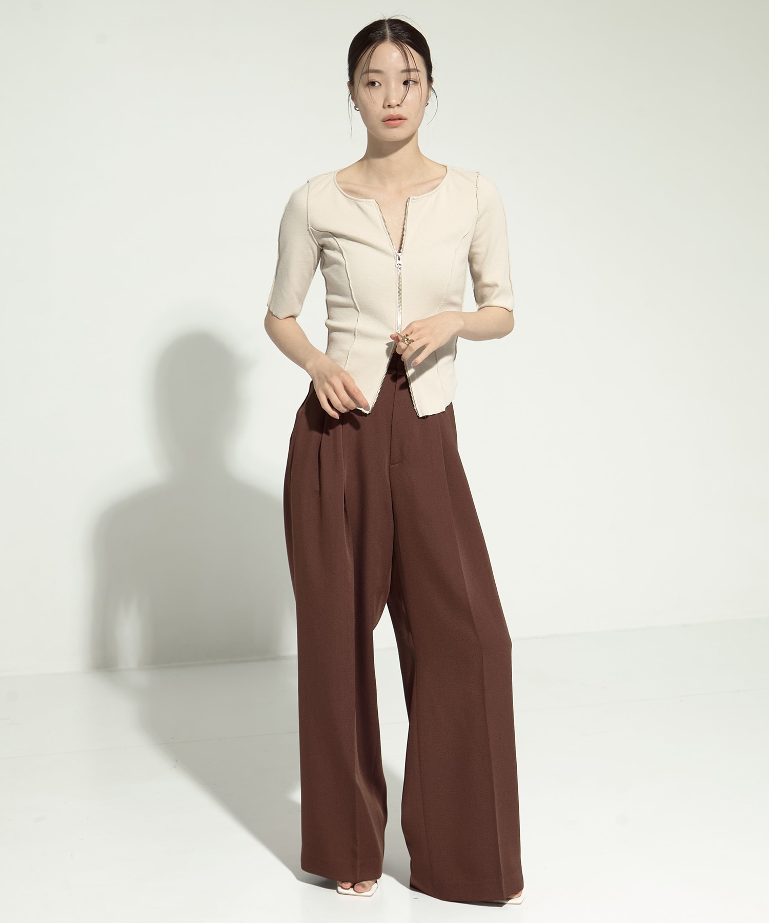 Half Sleeve Zip Up Rib Top STUDIOUS