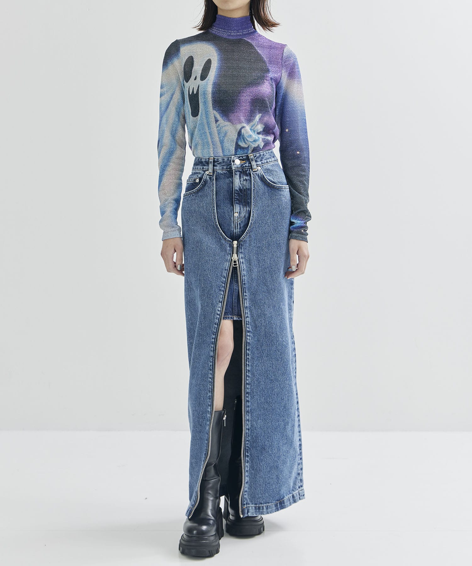 WASHED DENIM ZIPPED LONG SKIRT JOHN LAWRENCE SULLIVAN