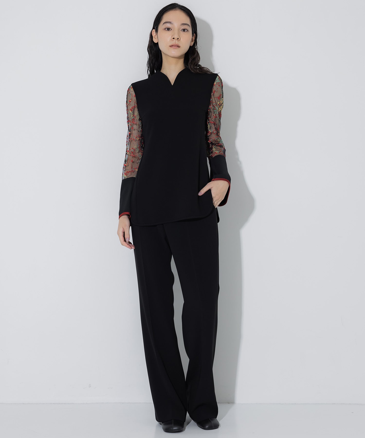 Acetate Polyester Floral Lace-Sleeve Shirt Mame Kurogouchi