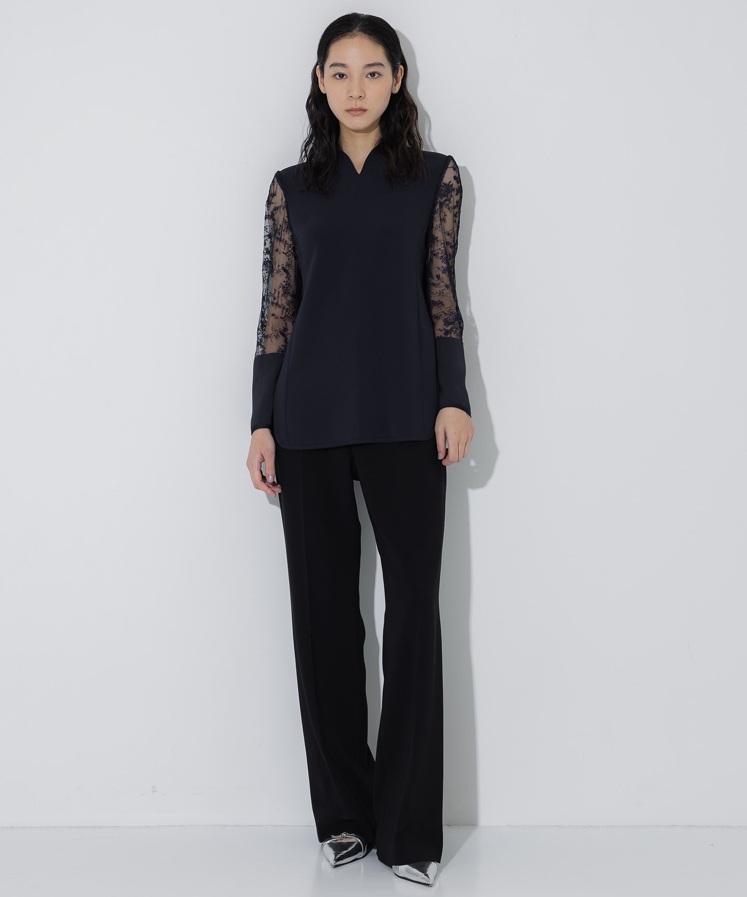 Acetate Polyester Floral Lace-Sleeve Shirt Mame Kurogouchi