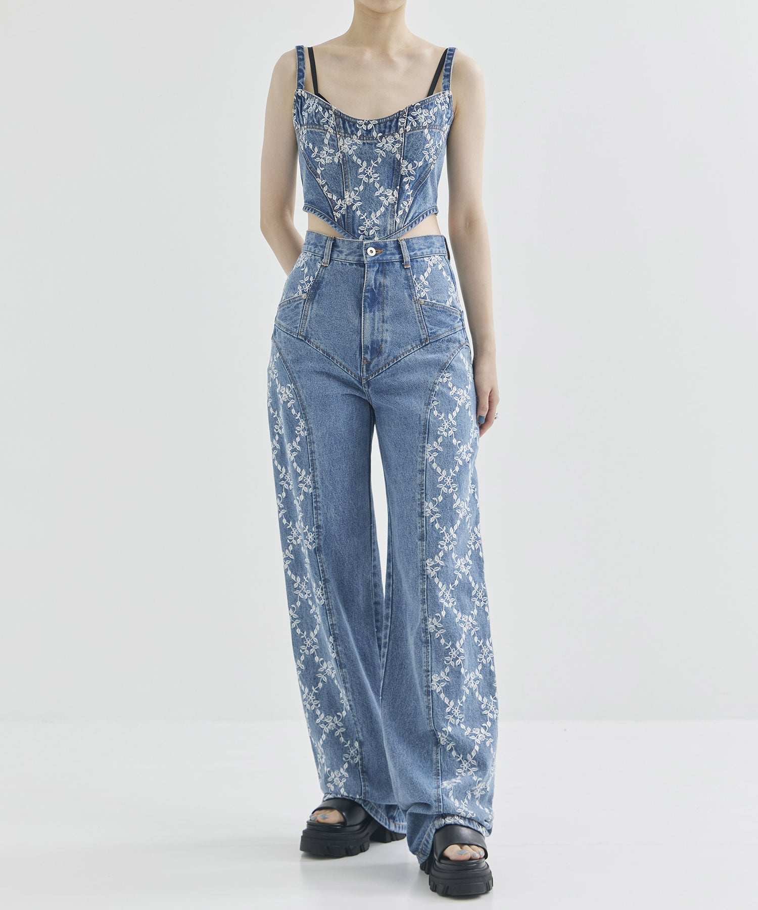 FLOWER EMBROIDERED DENIM BUSTIER FETICO