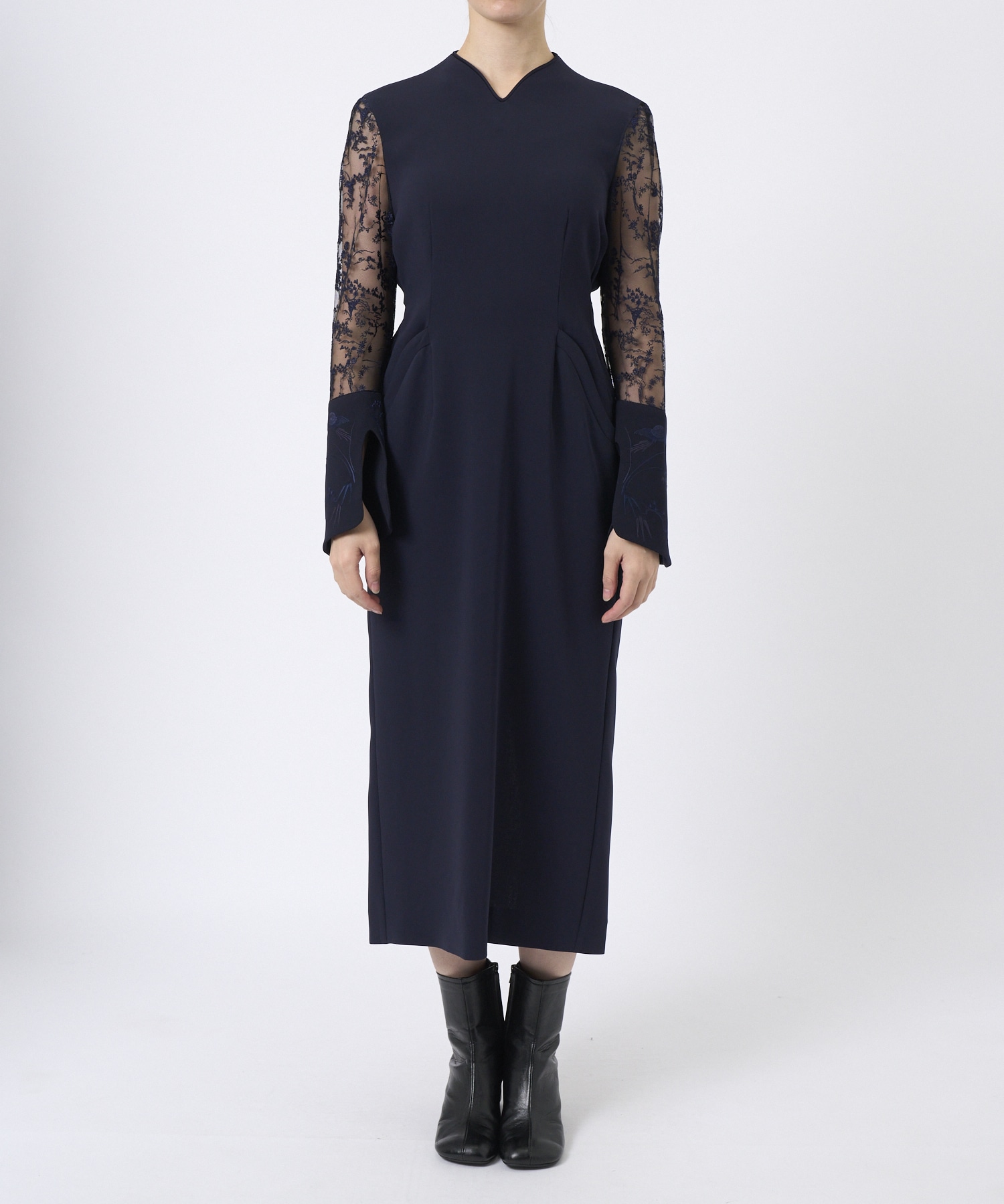 Acetate Polyester Floral Lace-Sleeve Dress Mame Kurogouchi