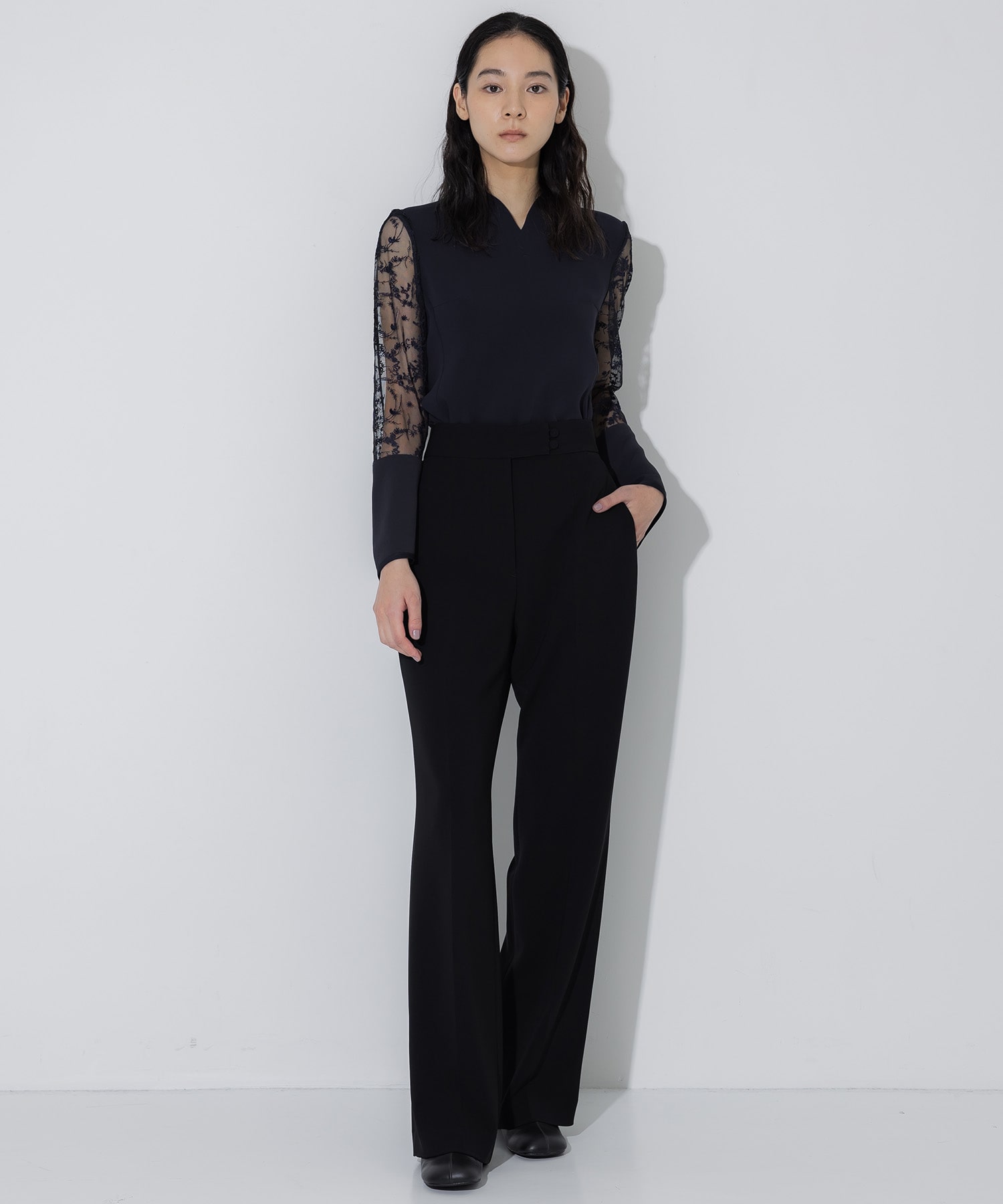 Acetate Polyester High Waisted Center Creased Suit Trousers Mame Kurogouchi