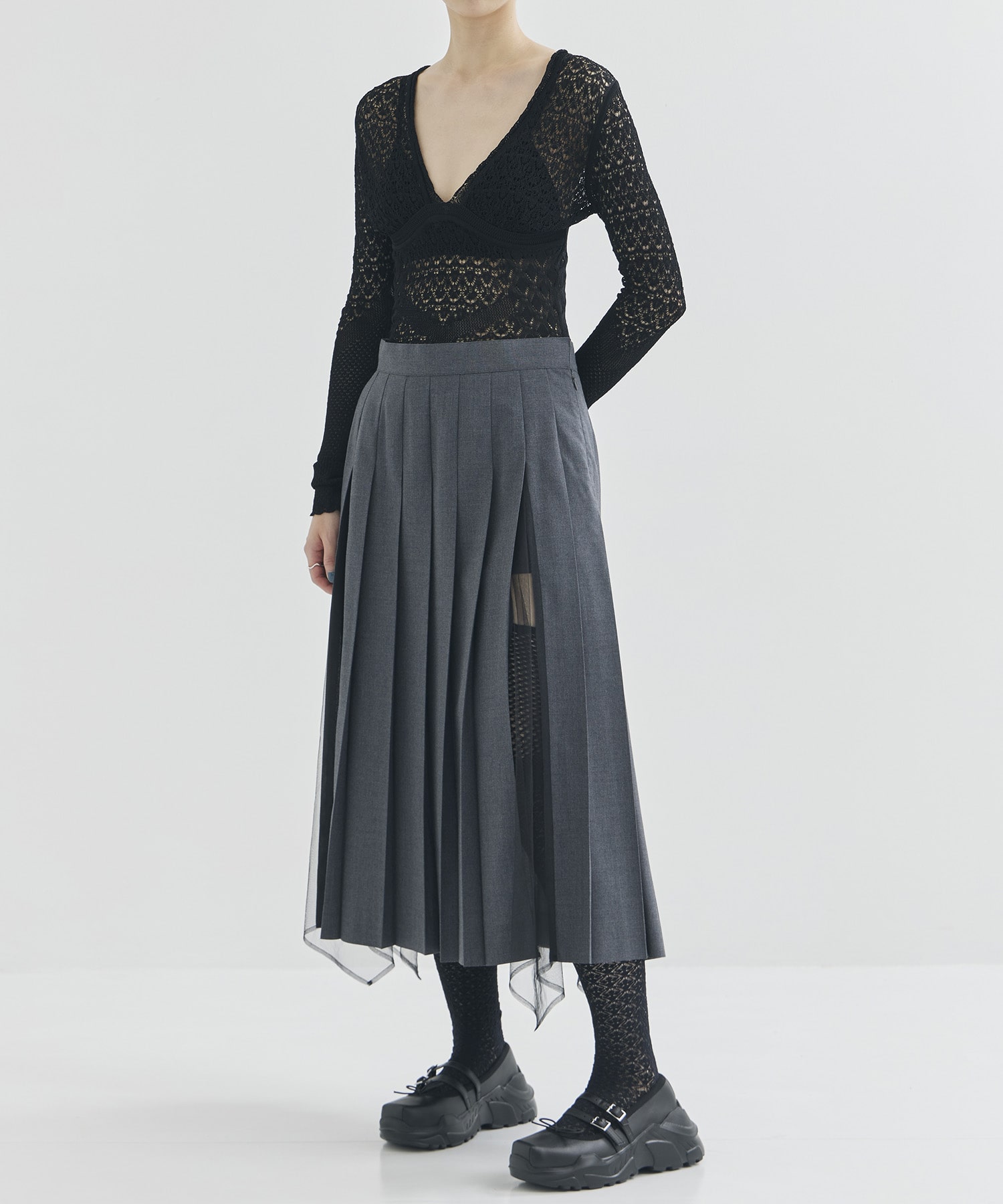 WOOL & TULLE COMBINED PLEATED SKIRT FETICO