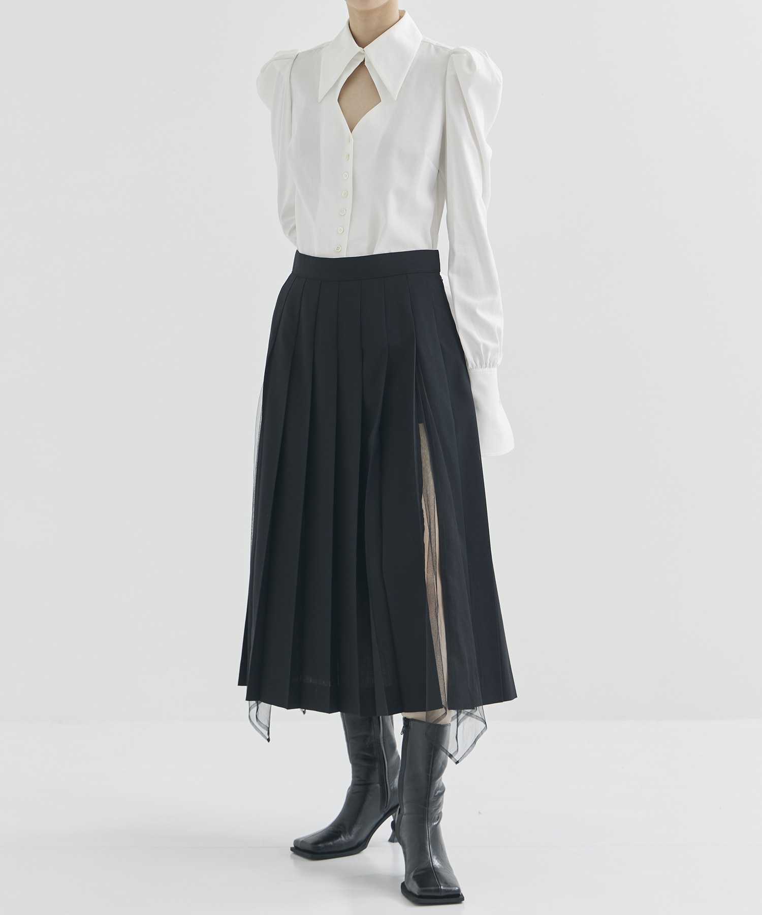 WOOL & TULLE COMBINED PLEATED SKIRT FETICO