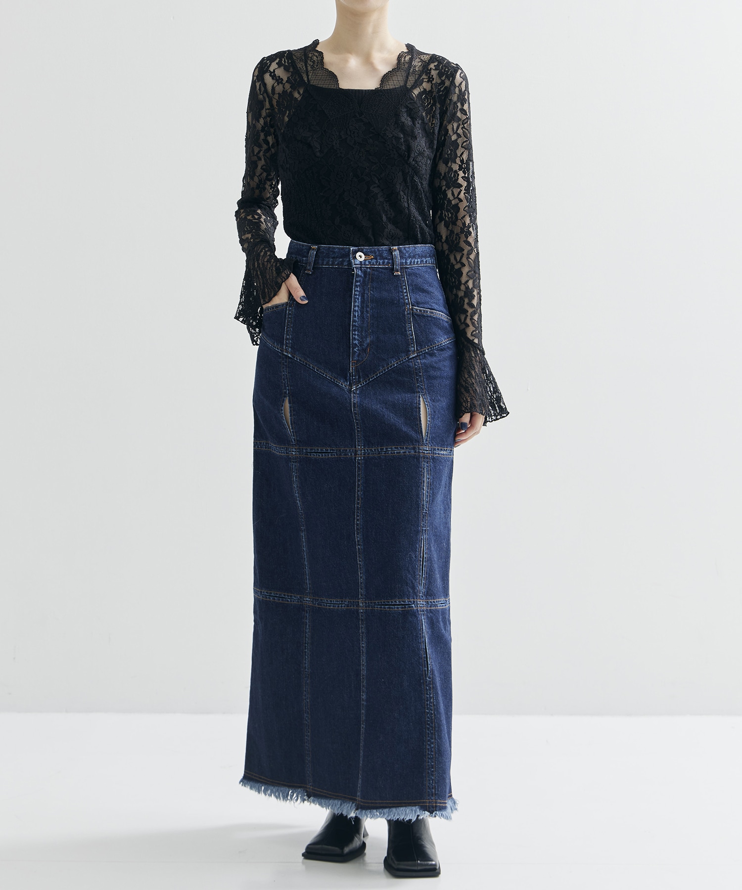 DENIM SLIT MAXI SKIRT FETICO