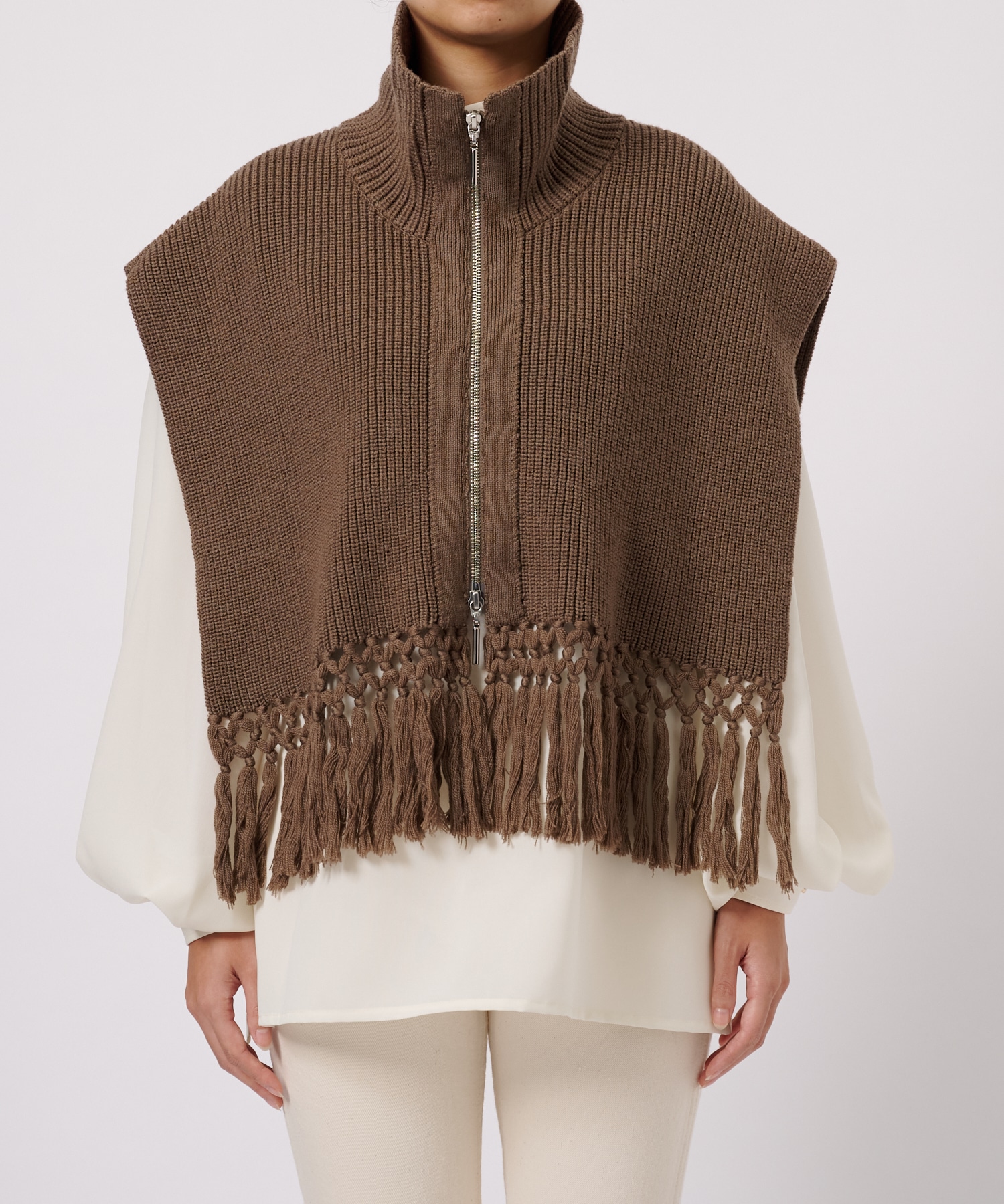 Fringe High Neck Knit Vest UJOH