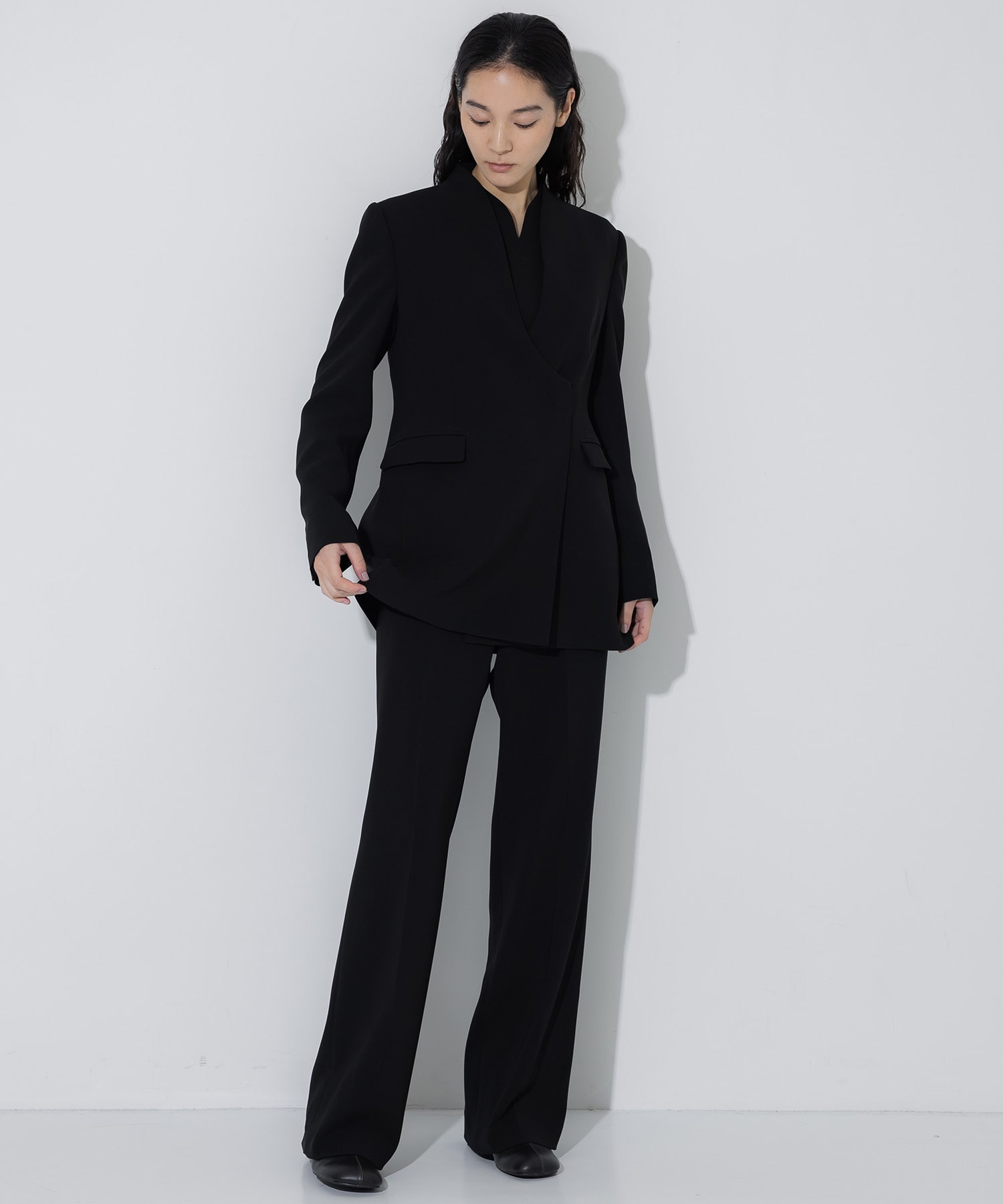 Acetate Polyester Collarless Double Breasted Suit Jacket Mame Kurogouchi