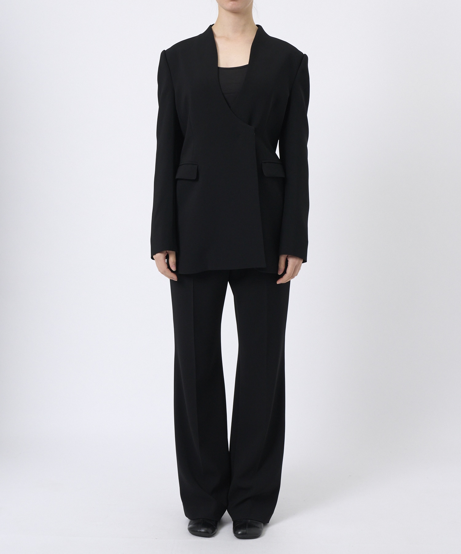 Acetate Polyester Collarless Double Breasted Suit Jacket Mame Kurogouchi