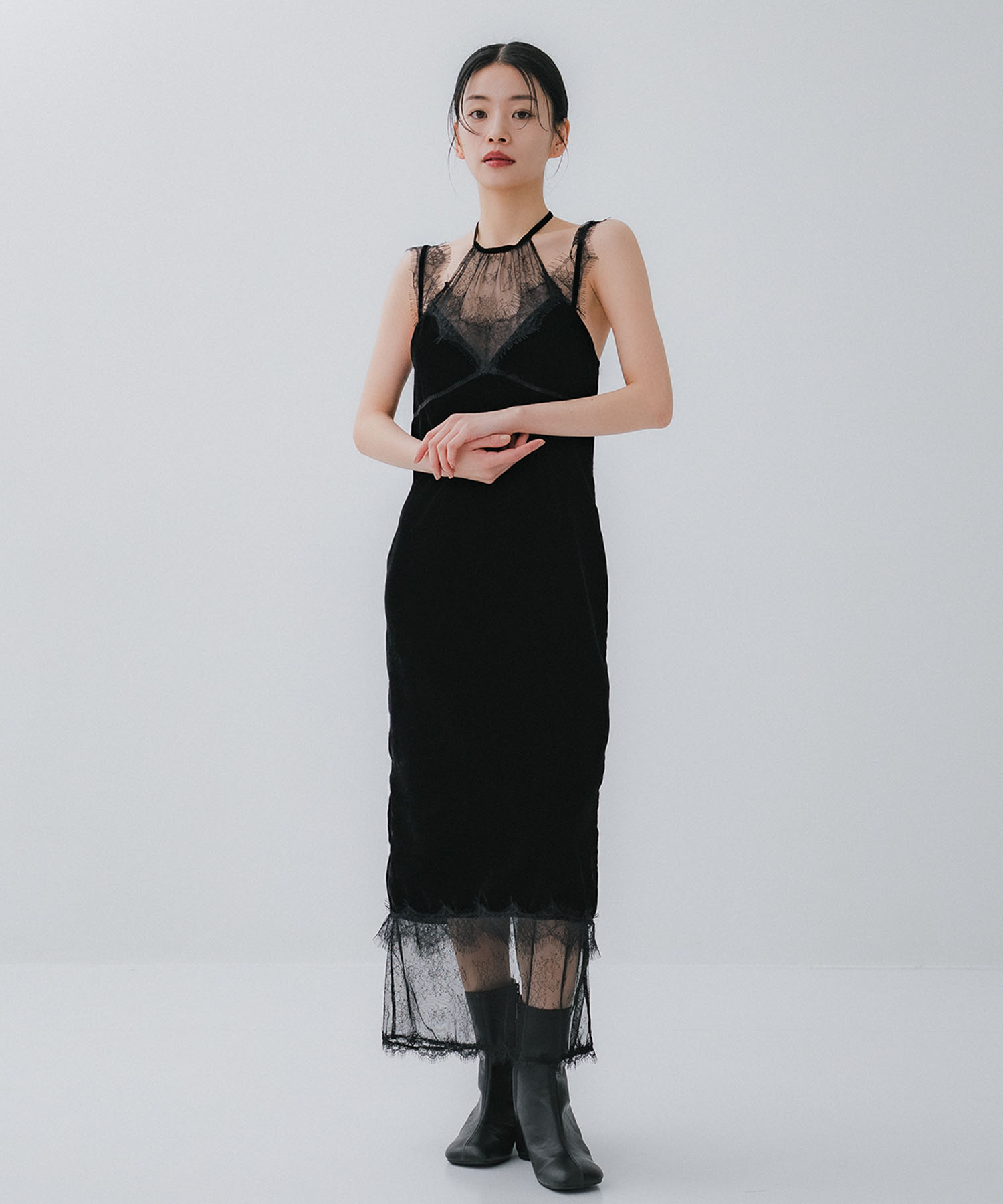 flower lace black velour camisole dress tanakadaisuke