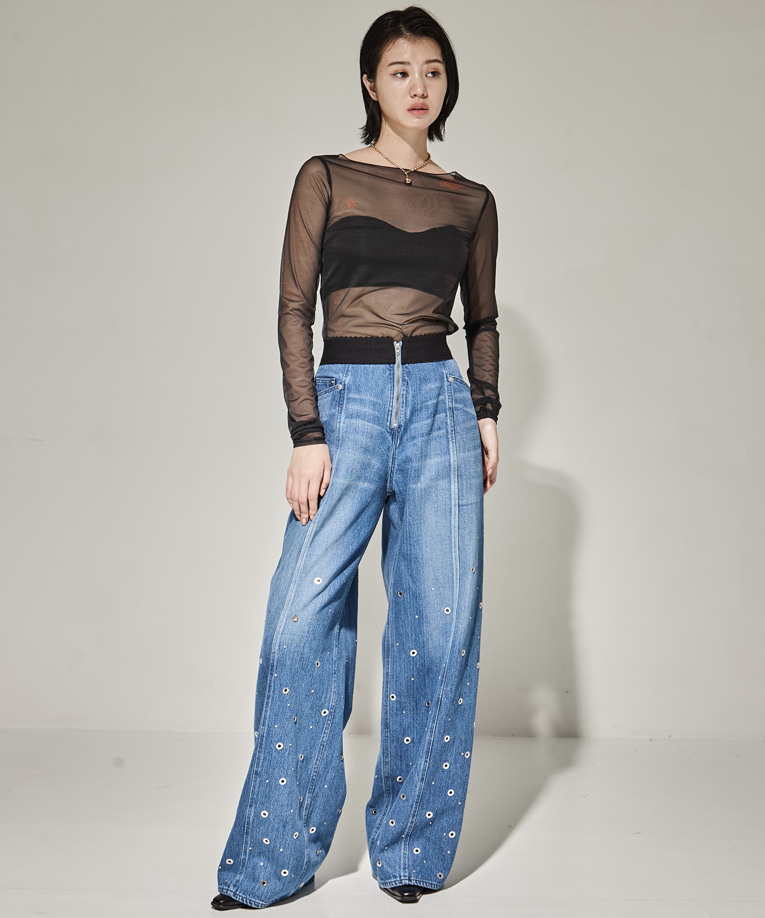 ORGANIC COTTON DENIM WIDE-LEG JEANS WITH STUDS FETICO