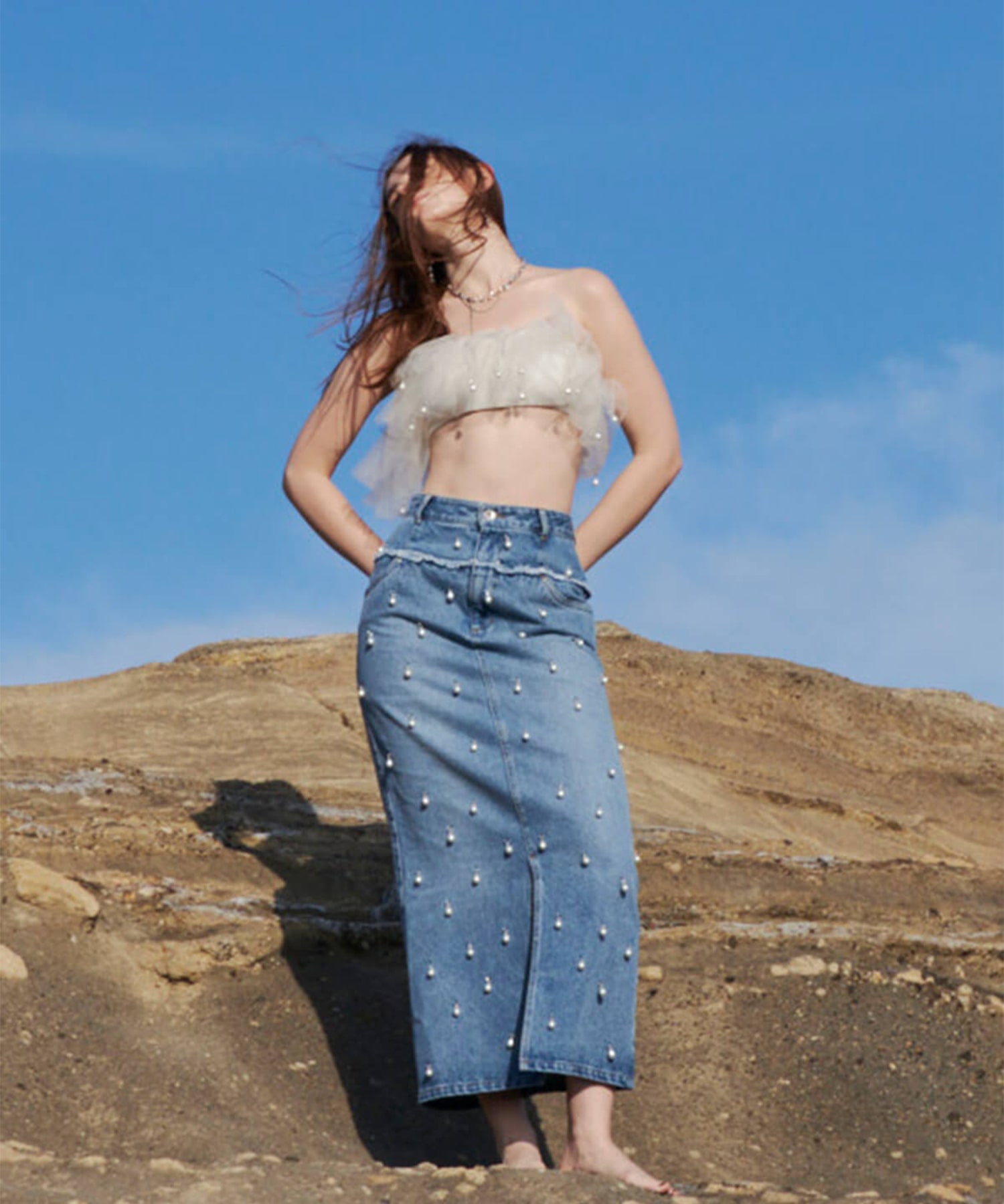 DENIM LONG SKIRT with PEARL JOSEMOON