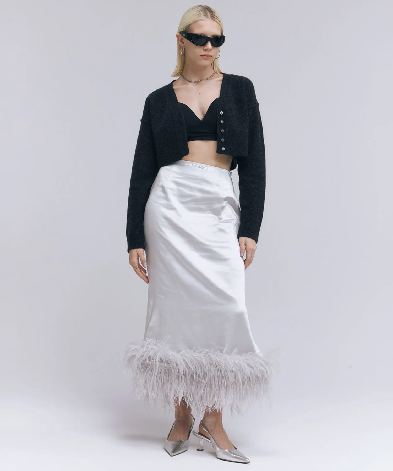 FEATHER TRIM SATIN SKIRT JOSEMOON