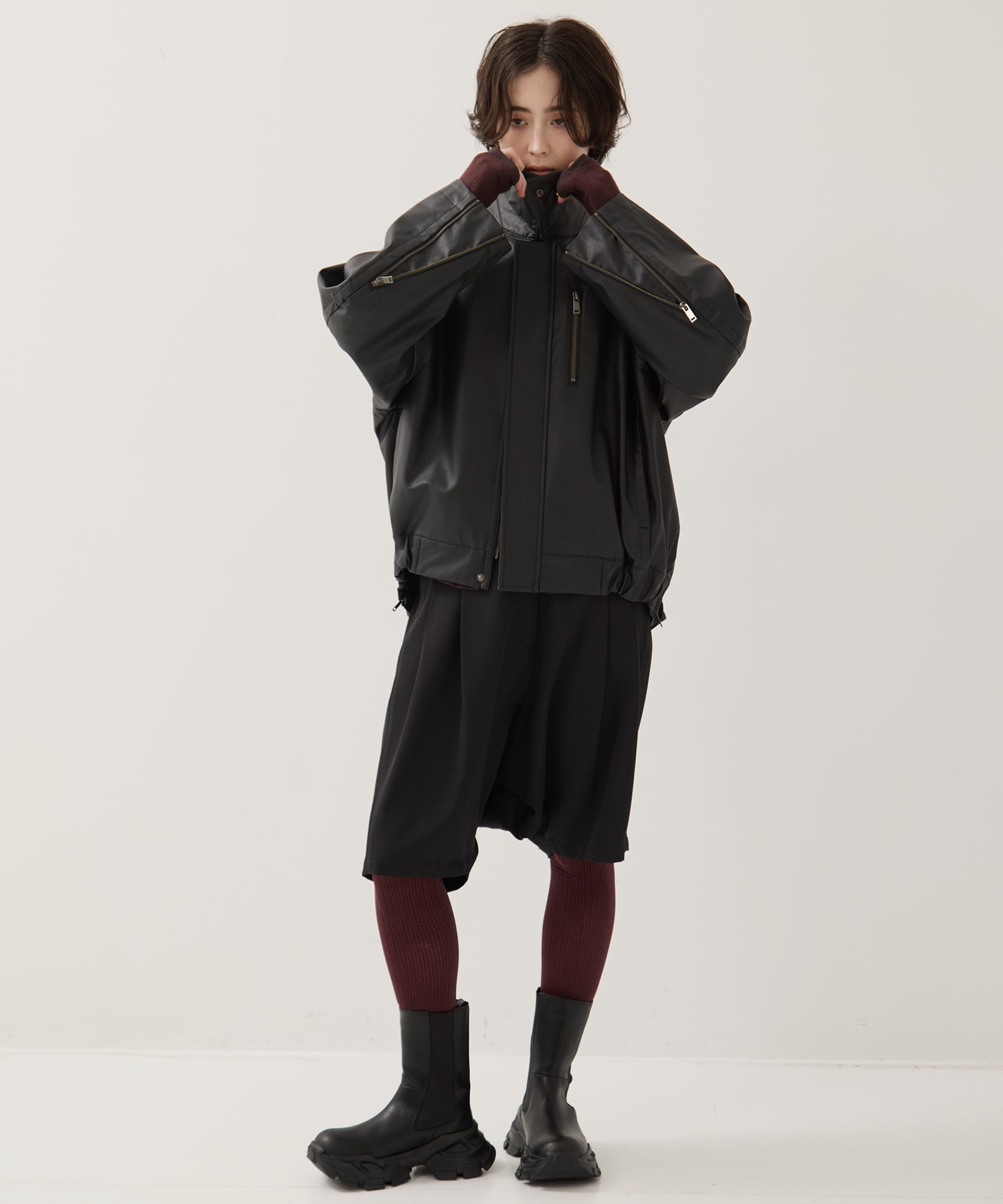 Faux Leather Stand Collar Blouson STUDIOUS