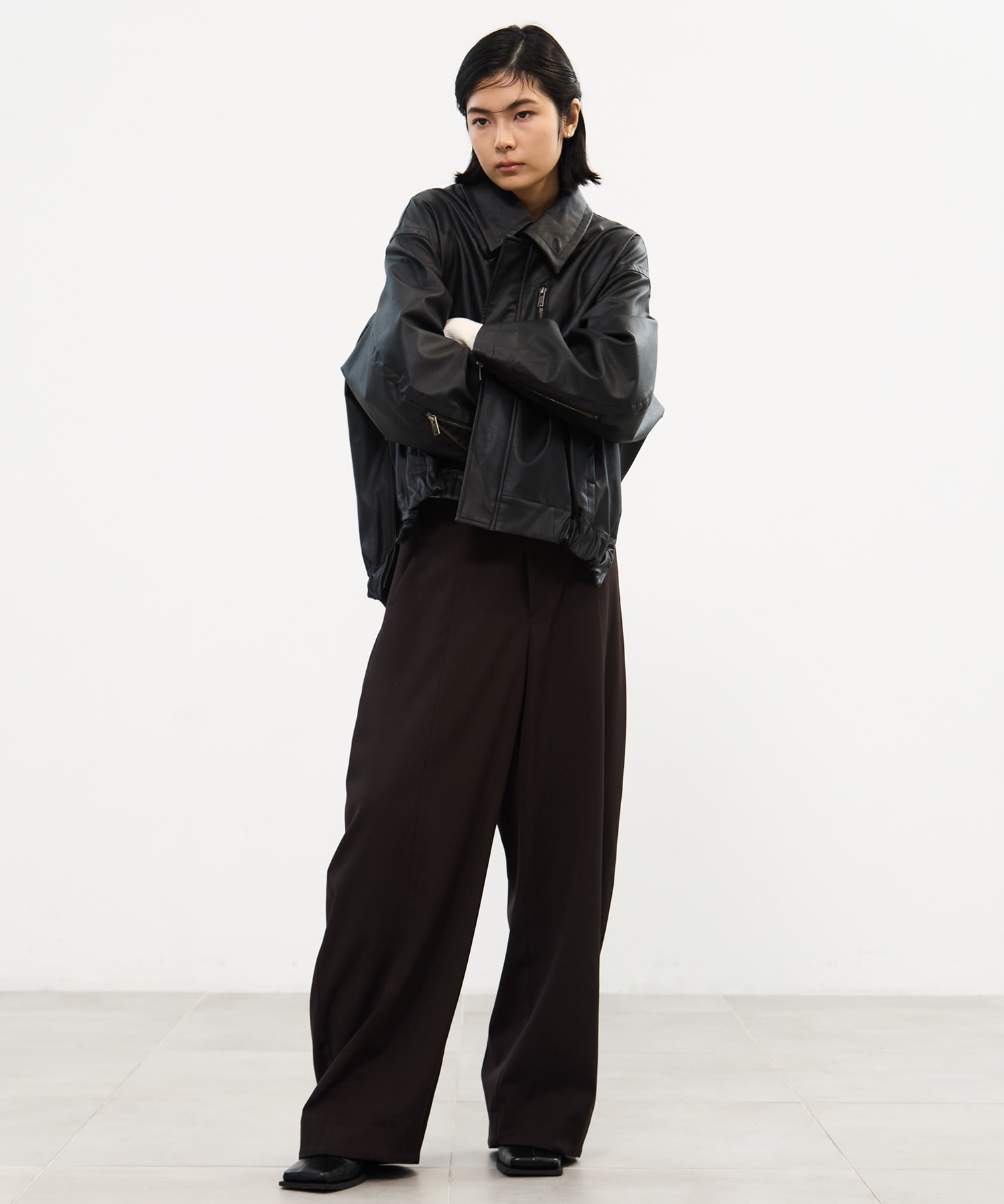 Faux Leather Stand Collar Blouson STUDIOUS