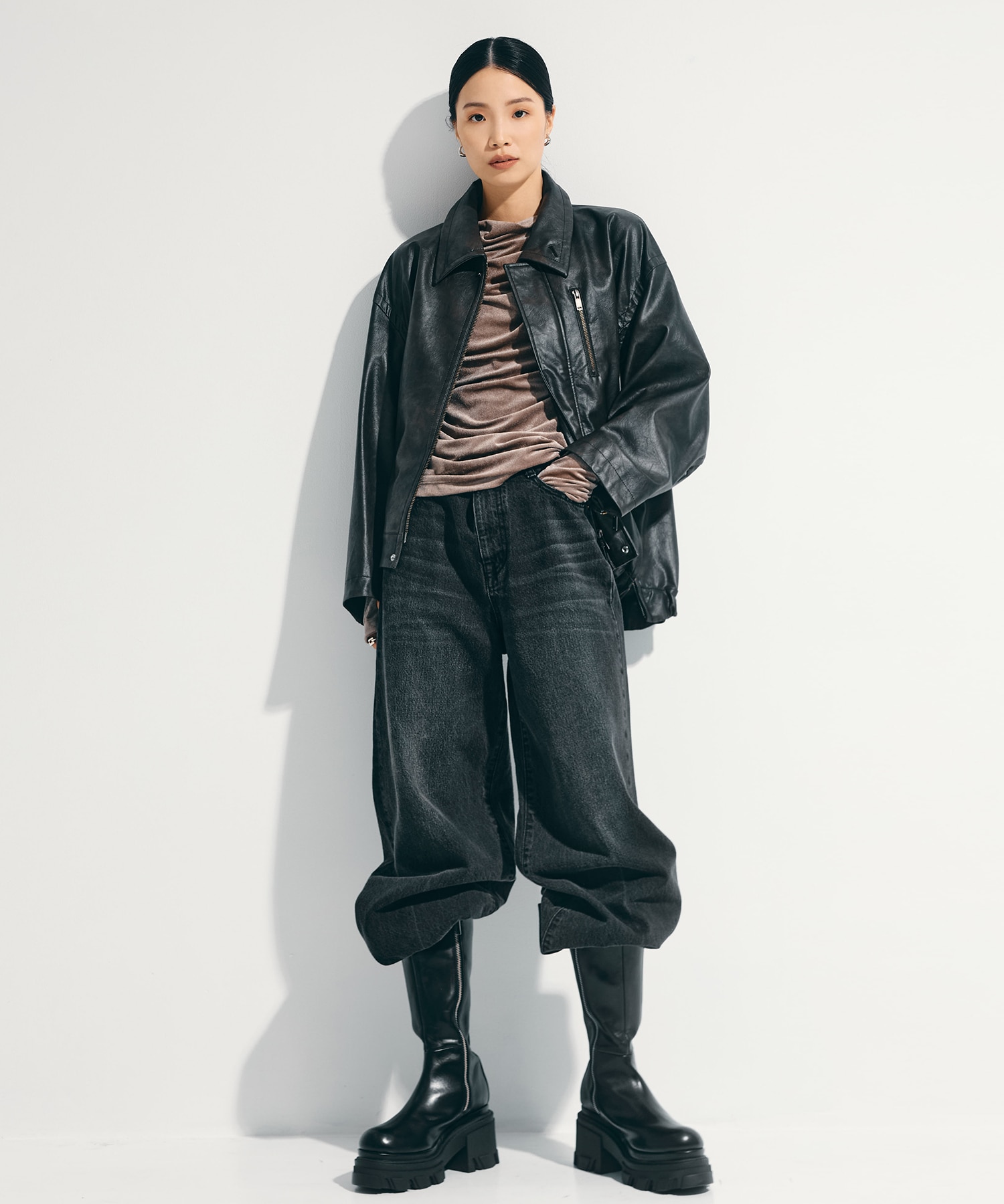 Faux Leather Stand Collar Blouson STUDIOUS