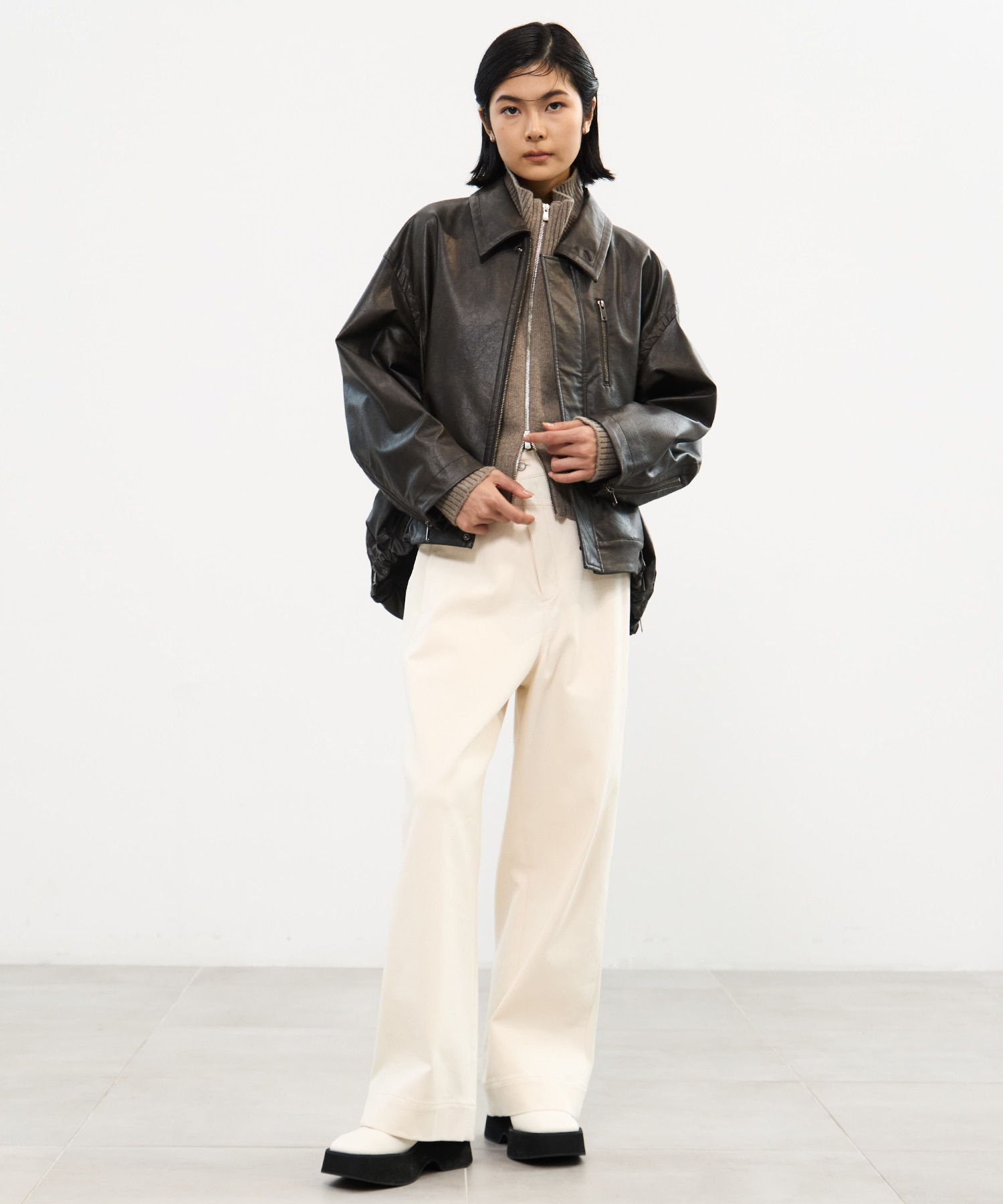 Faux Leather Stand Collar Blouson STUDIOUS