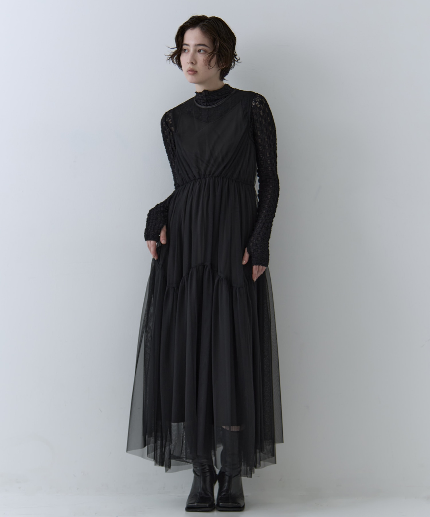 BLACK TULLE WAVE TIERED DRESS AMERI