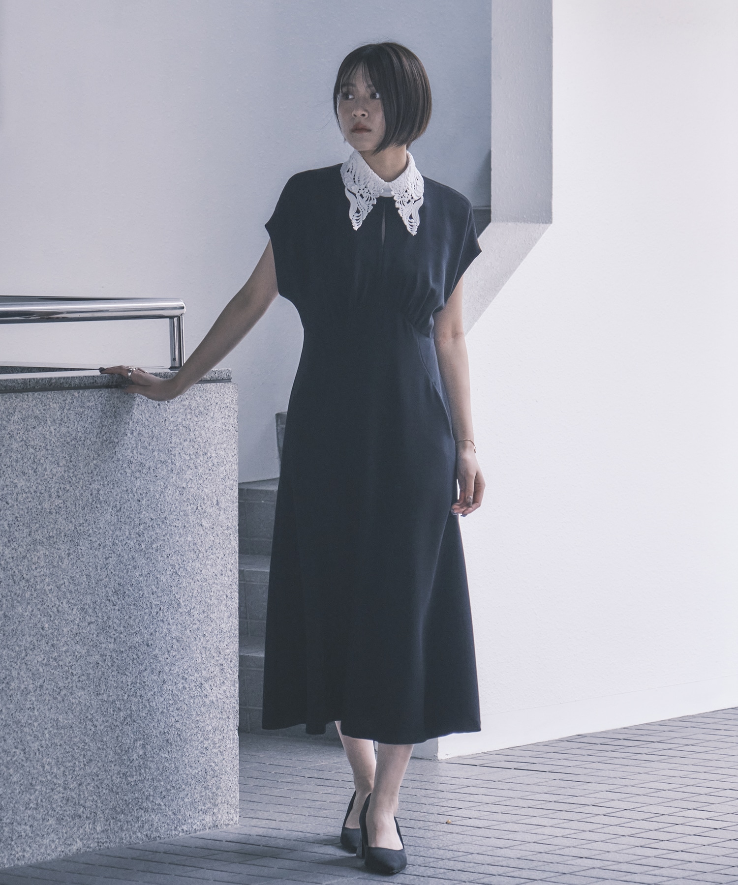 Triacetate Georgette Embroidered Collar Flared Dress Mame Kurogouchi