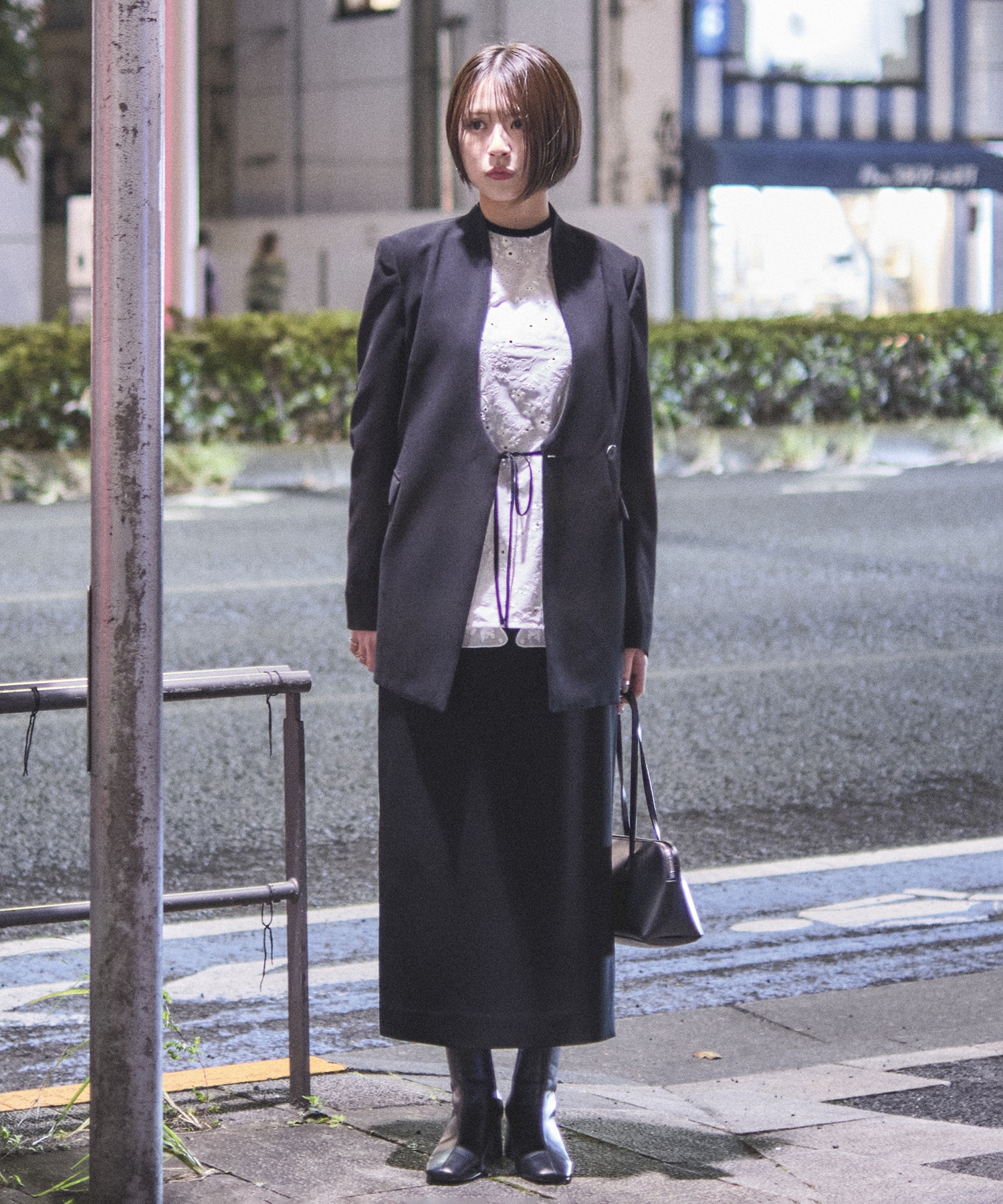 Acetate Polyester Collarless Double Breasted Suit Jacket Mame Kurogouchi