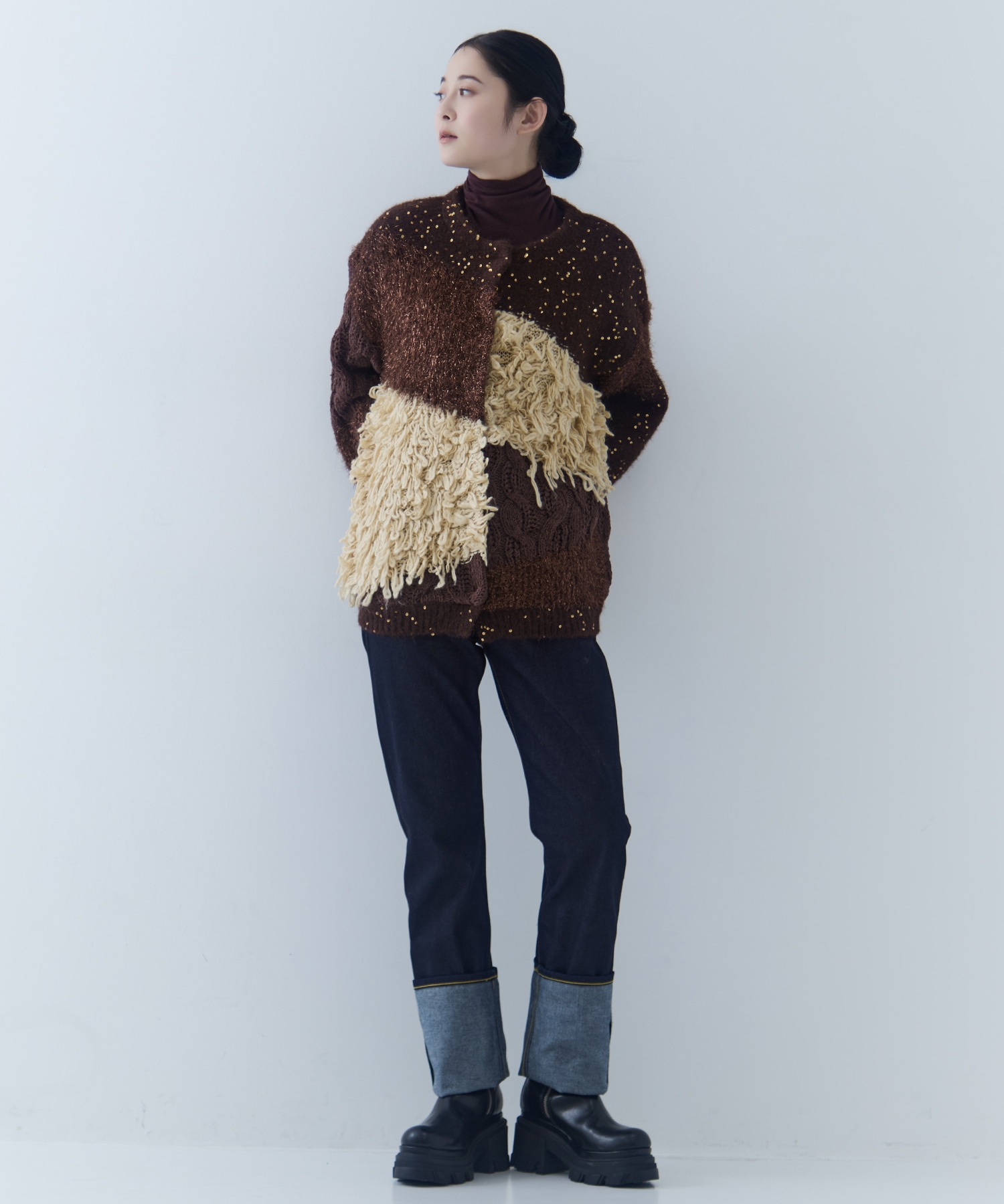 UND MIX YARN PATCHWORK KNIT CARDIGAN AMERI