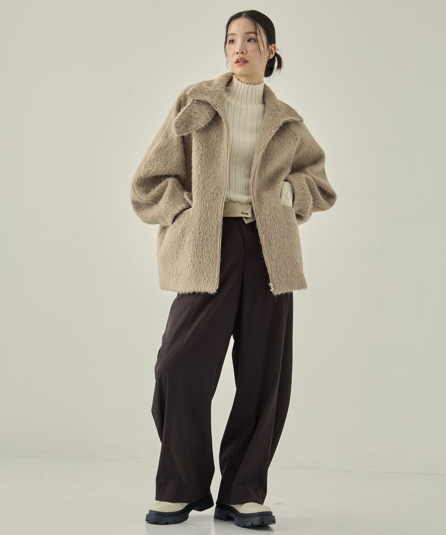 STAND COLLAR SHAGGY MIDDLE COAT STUDIOUS
