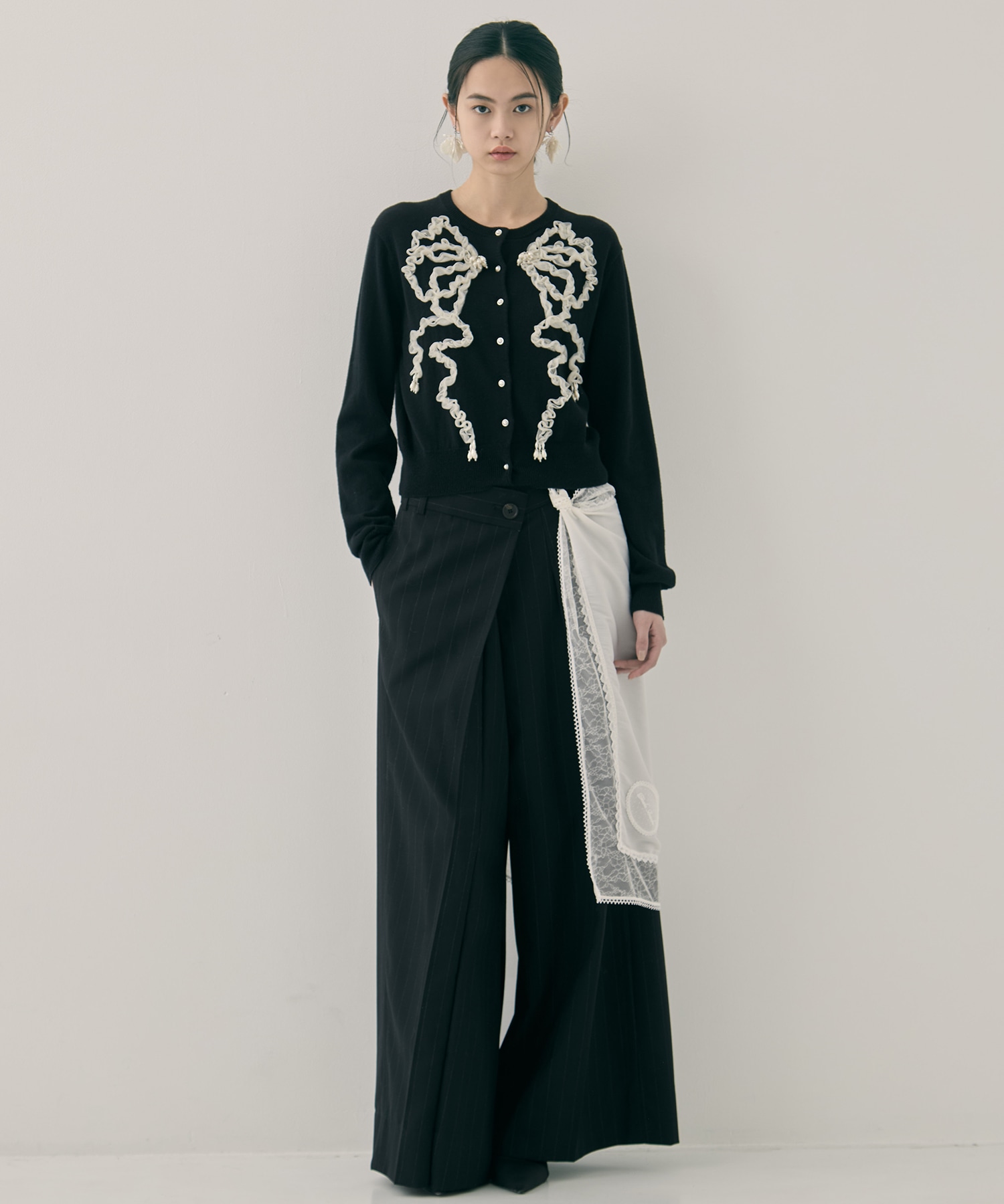 Ribbon tulle pearl embroidery cardigan tanakadaisuke