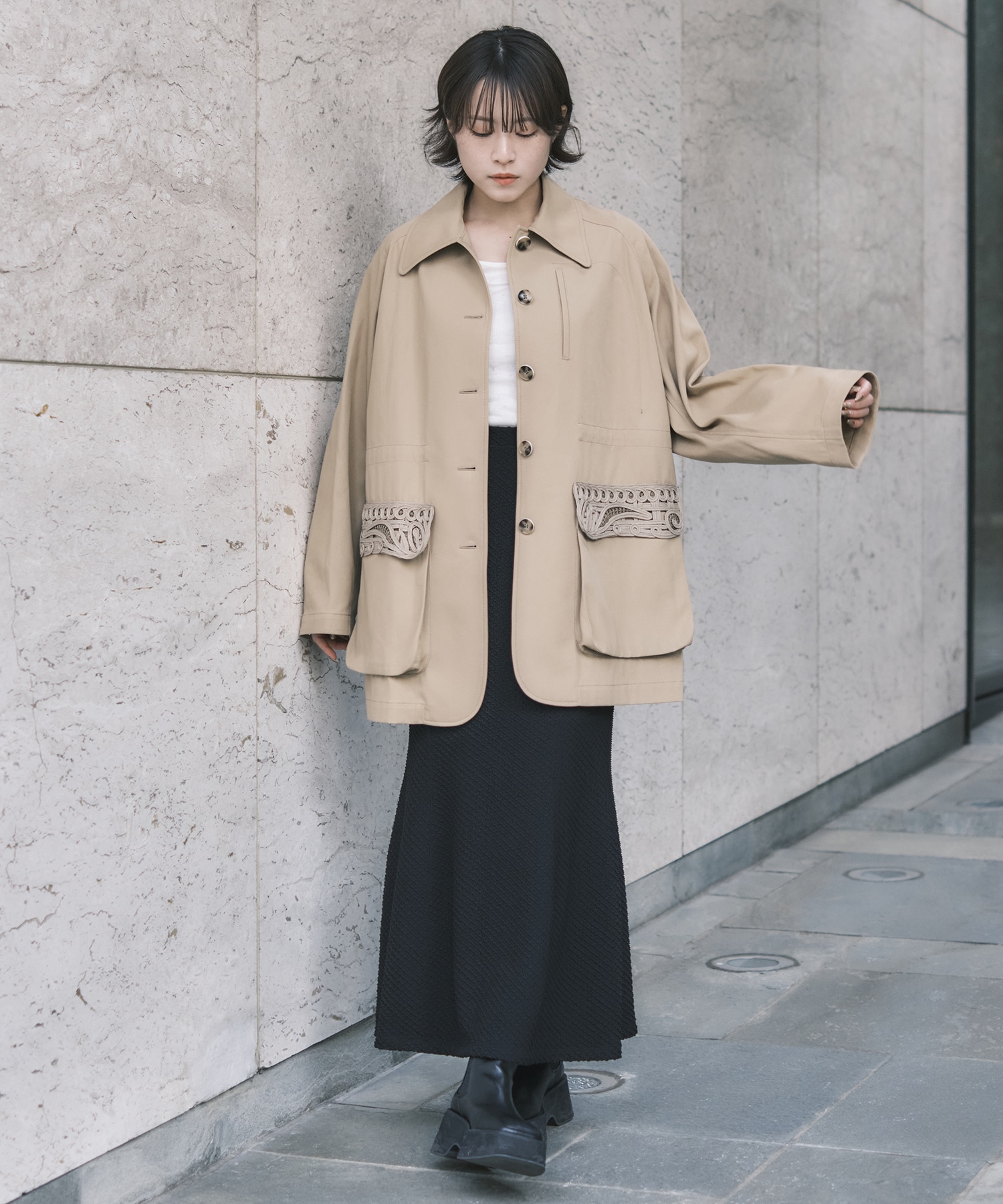 Cording Embroidery Detailed Middle Length Jacket(1 BEIGE): Mame