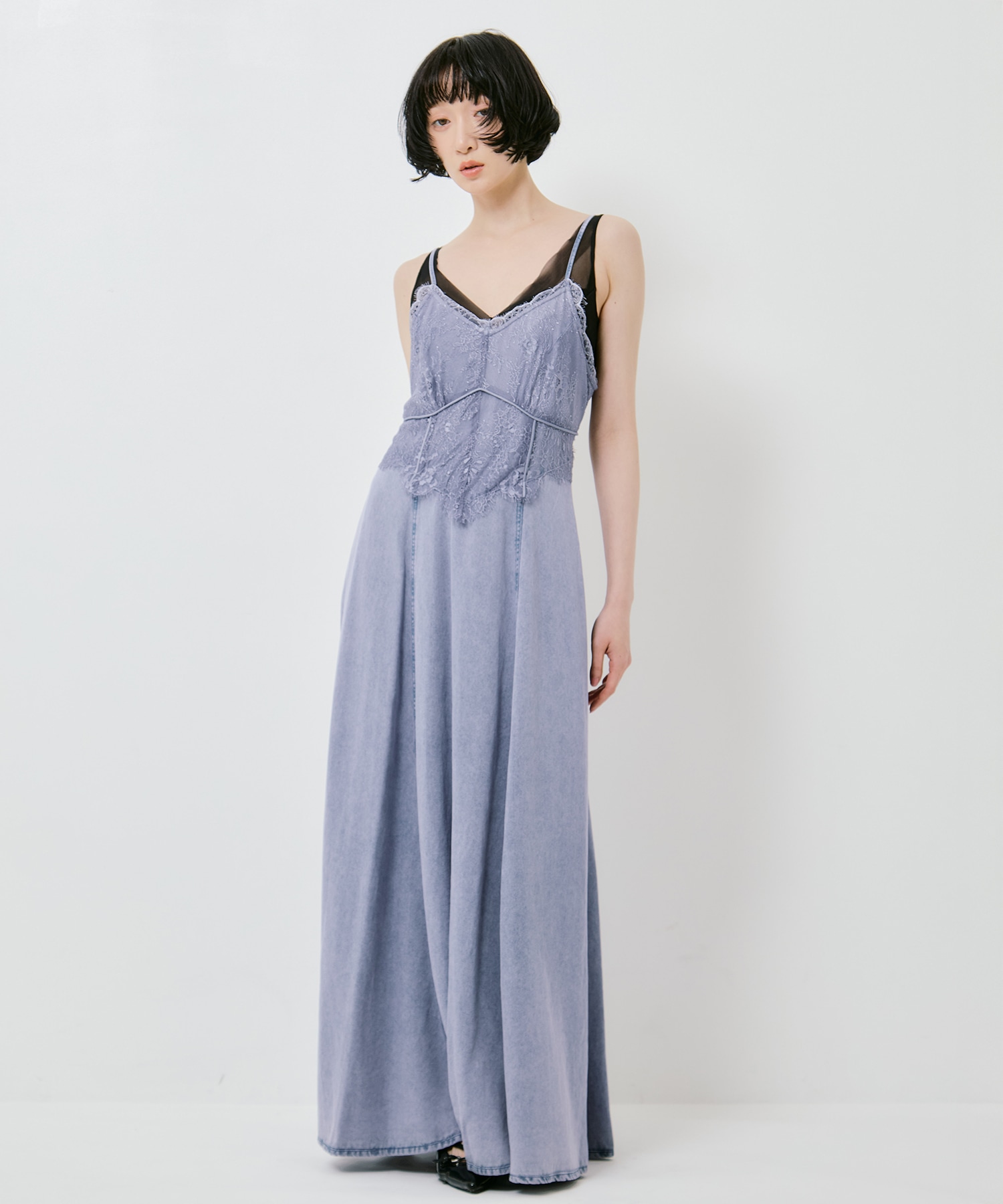 LACE DOCKING TENCEL DENIM FLARE DRESS AMERI