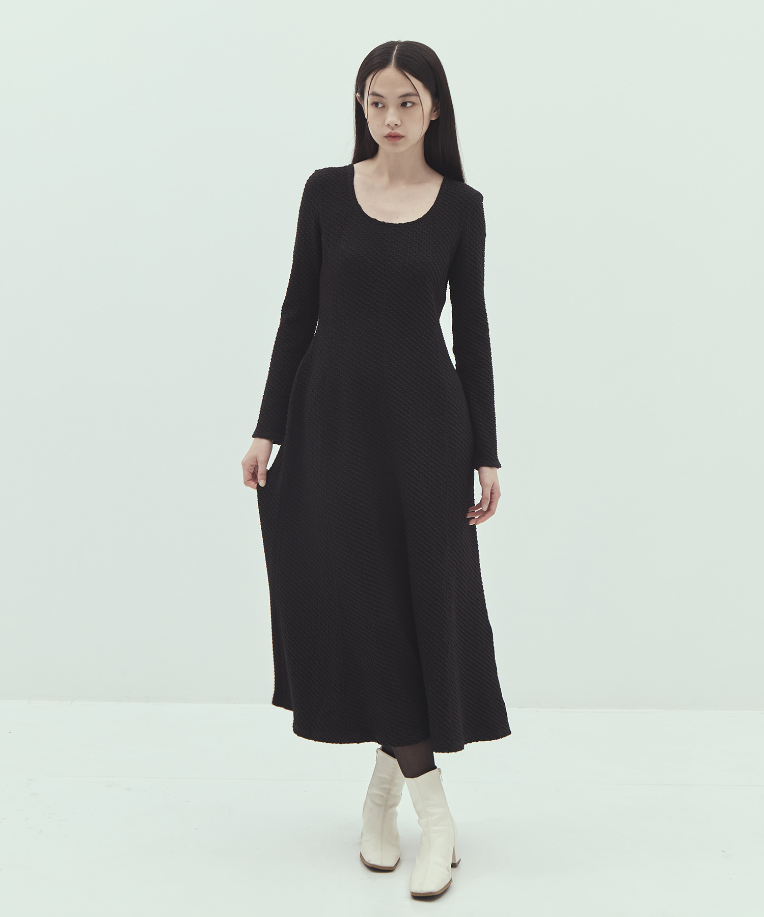 Shirring Jersey Jacquard Long Sleeve Dress Mame Kurogouchi