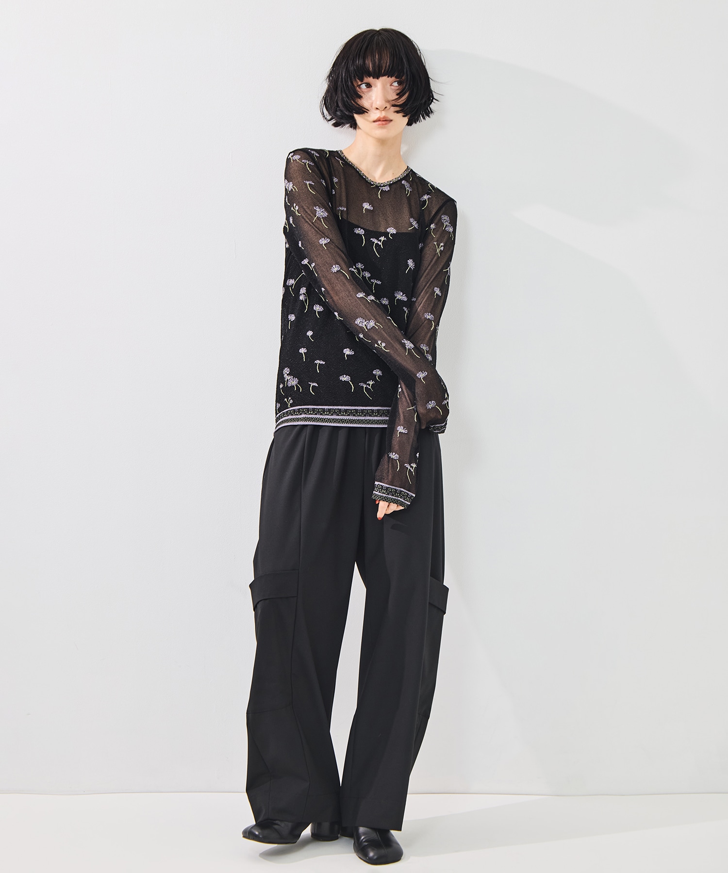 Floral Pattern Long Sleeve Sheer Knit Top(2 BLACK): Mame
