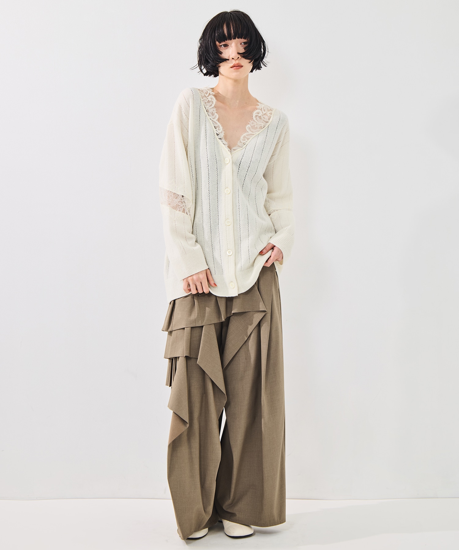 OVERSIZED HAIRY LACE PANELED KNIT CARDIGAN FETICO