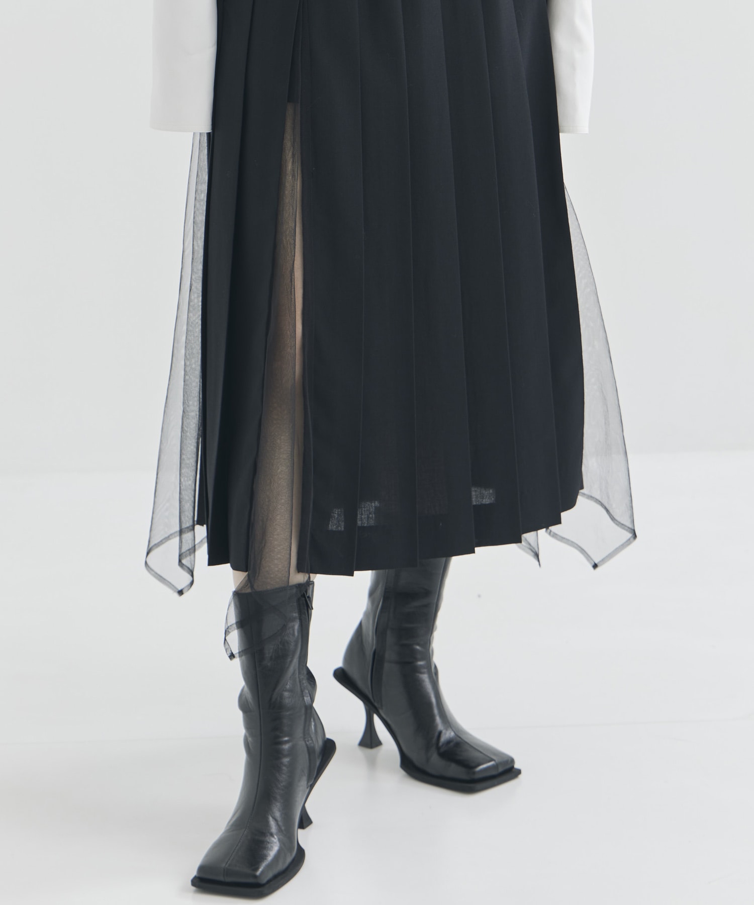 WOOL & TULLE COMBINED PLEATED SKIRT FETICO