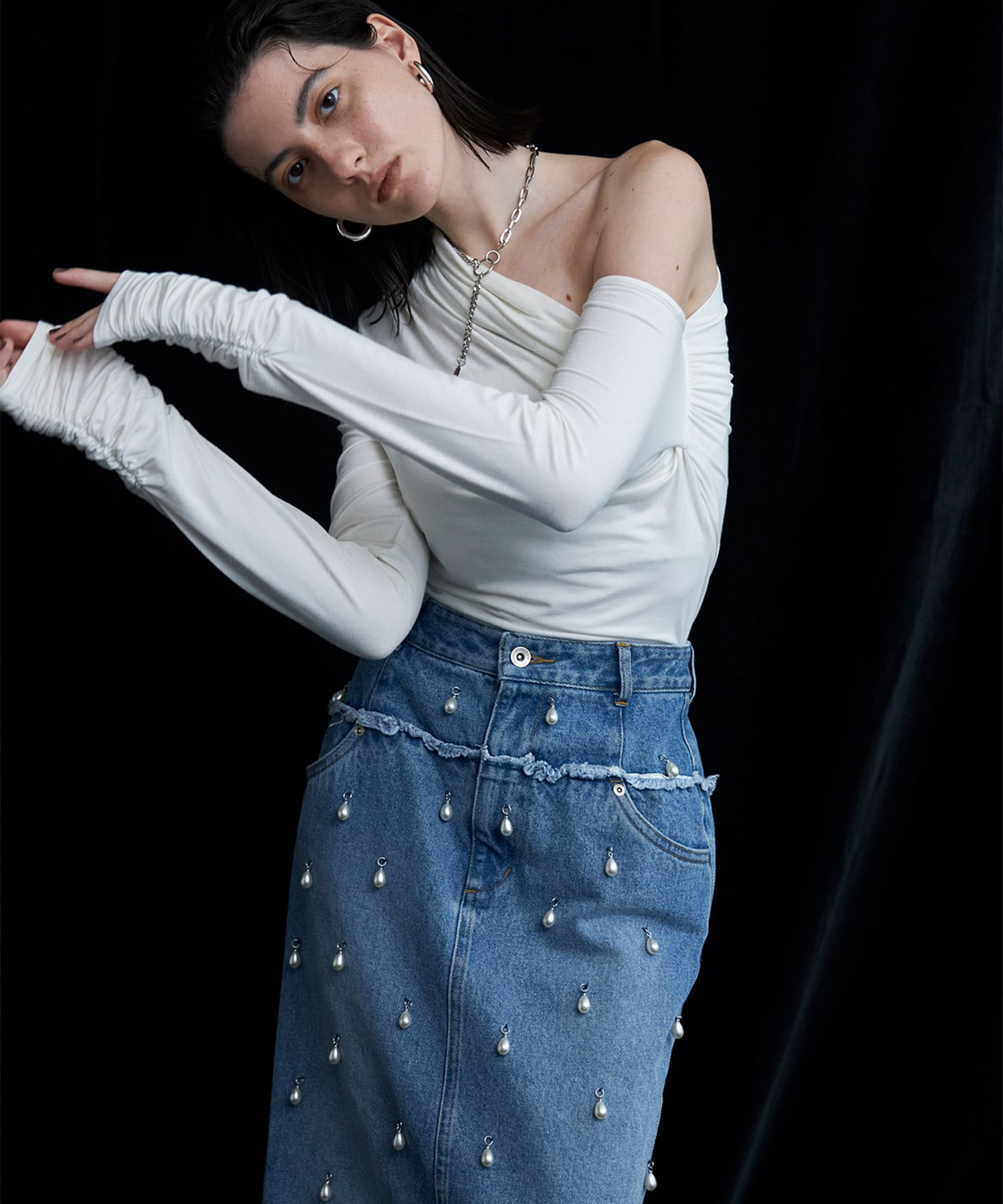 DENIM LONG SKIRT with PEARL JOSEMOON