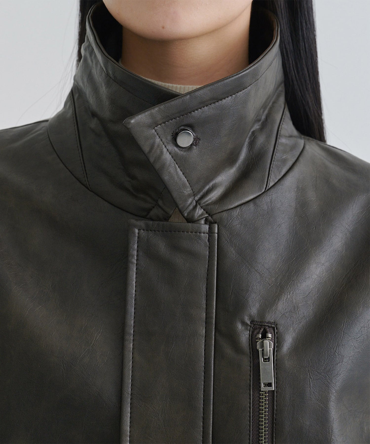 Faux Leather Stand Collar Blouson STUDIOUS