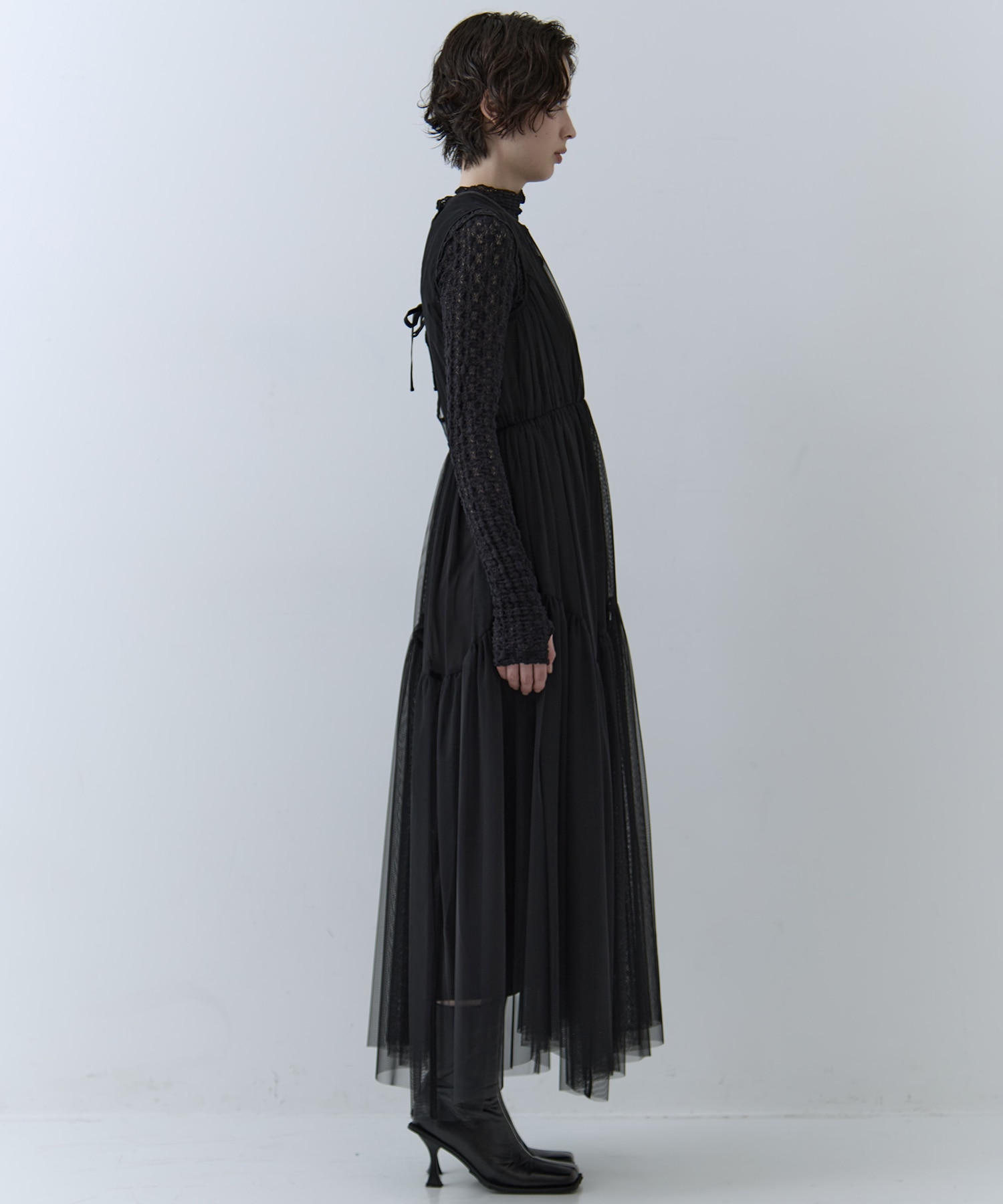 BLACK TULLE WAVE TIERED DRESS AMERI