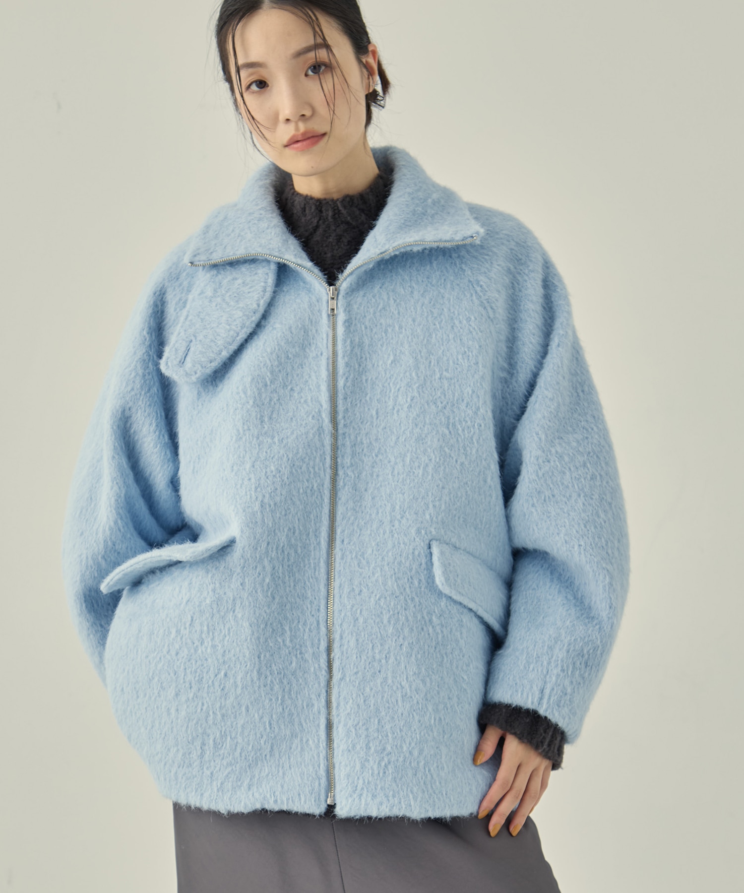 STAND COLLAR SHAGGY MIDDLE COAT STUDIOUS