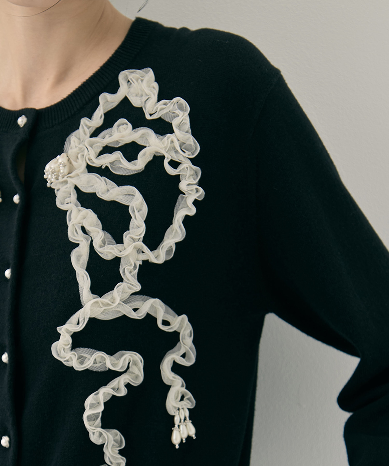 Ribbon tulle pearl embroidery cardigan tanakadaisuke