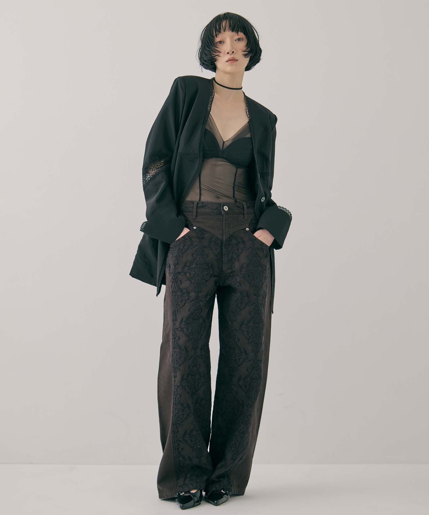 別注 DAMASK-PRINT DENIM CURVE-FIT HIGH-RISE JEANS FETICO